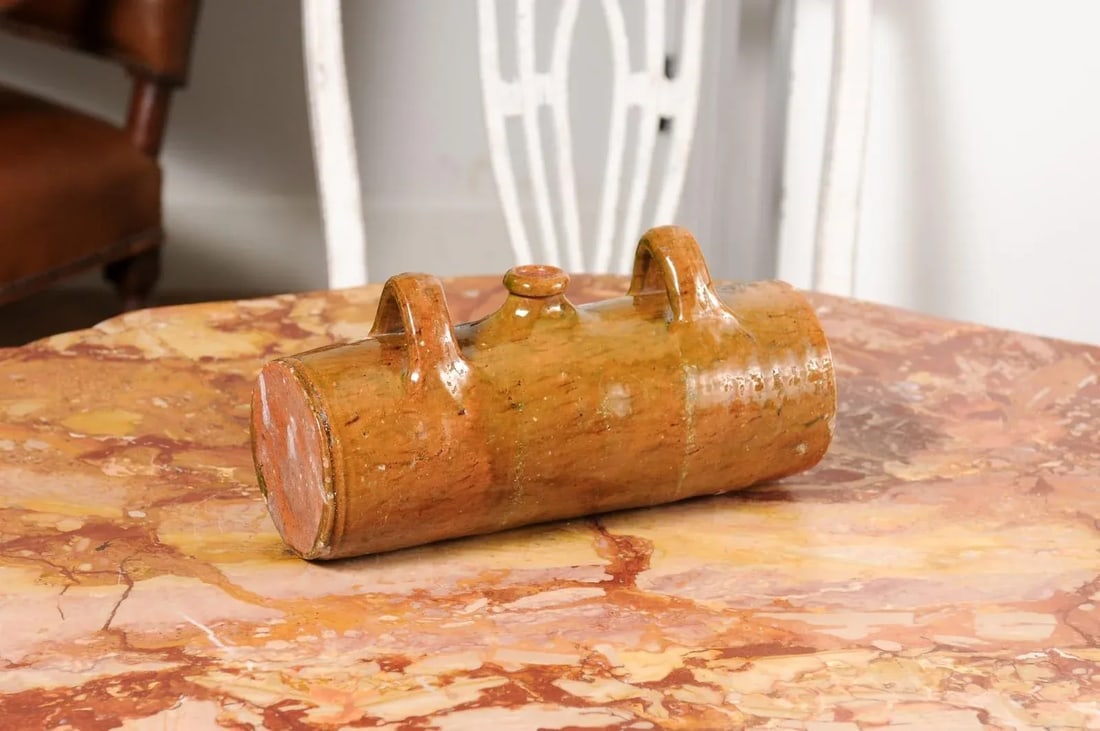 French Glazed Pottery Bouillotte Hot Water Bottle with Two Handles from Normandy - 6