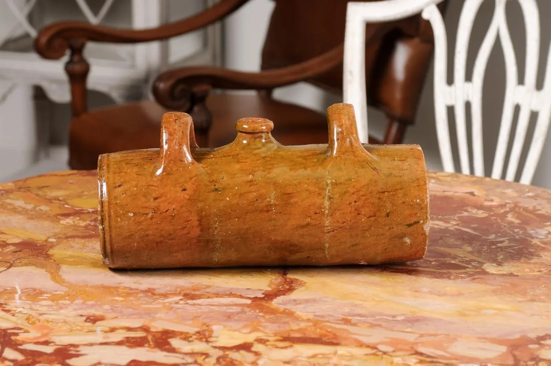 French Glazed Pottery Bouillotte Hot Water Bottle with Two Handles from Normandy - 8