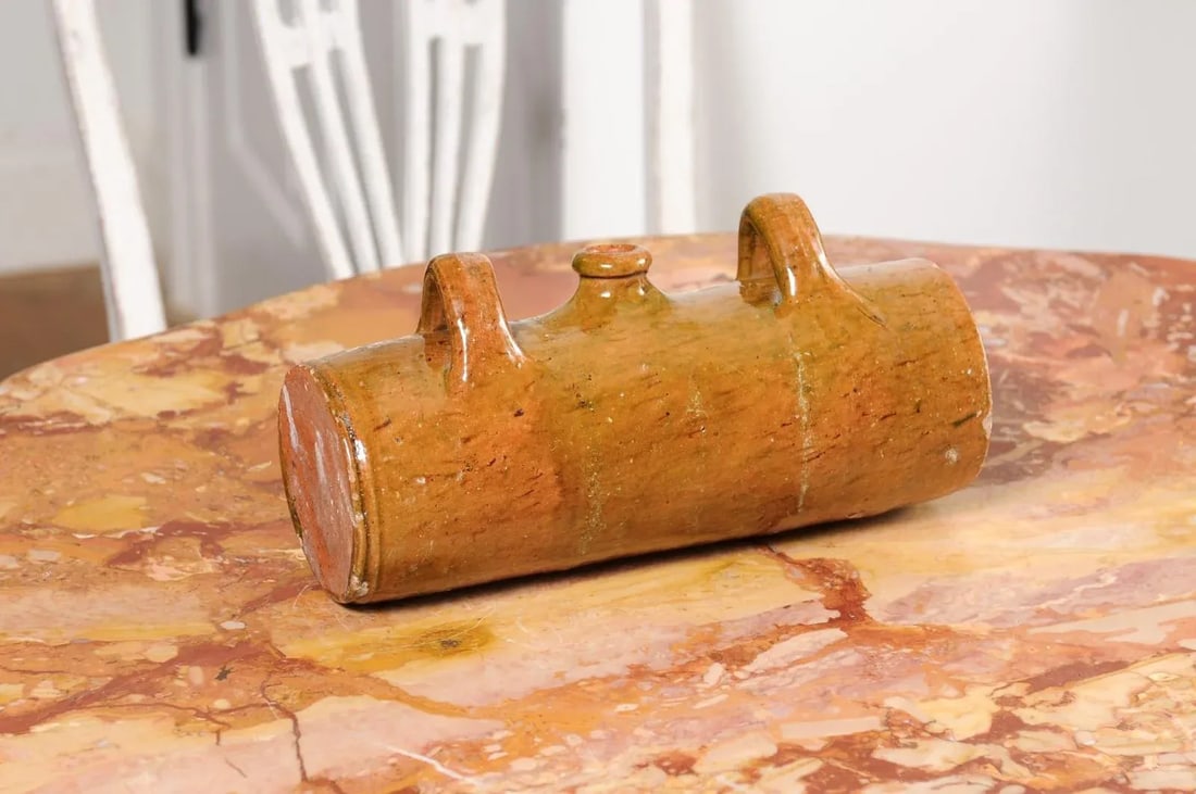 French Glazed Pottery Bouillotte Hot Water Bottle with Two Handles from Normandy - 9