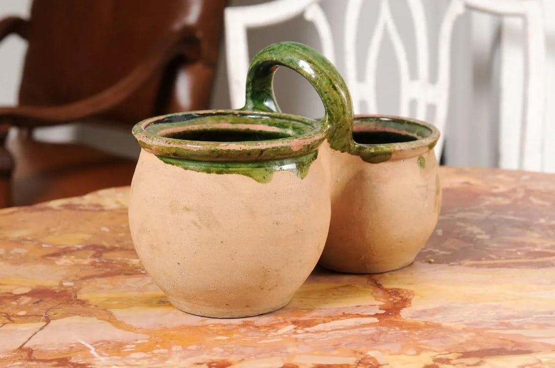 Green Glazed 19th Century Pottery Shepherd's Lunch Holder with Bowls and Handle - 10