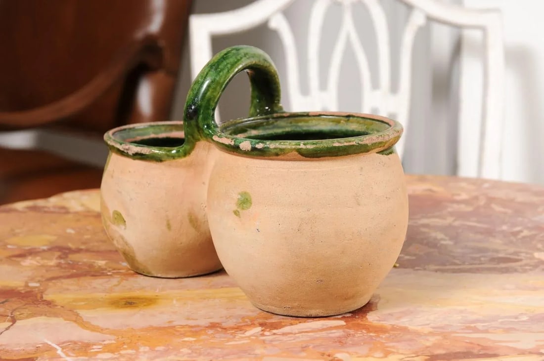 Green Glazed 19th Century Pottery Shepherd's Lunch Holder with Bowls and Handle - 11