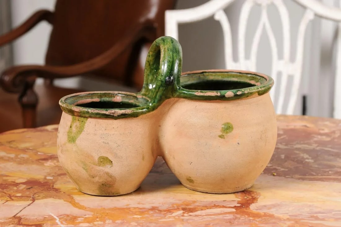Green Glazed 19th Century Pottery Shepherd's Lunch Holder with Bowls and Handle - 12