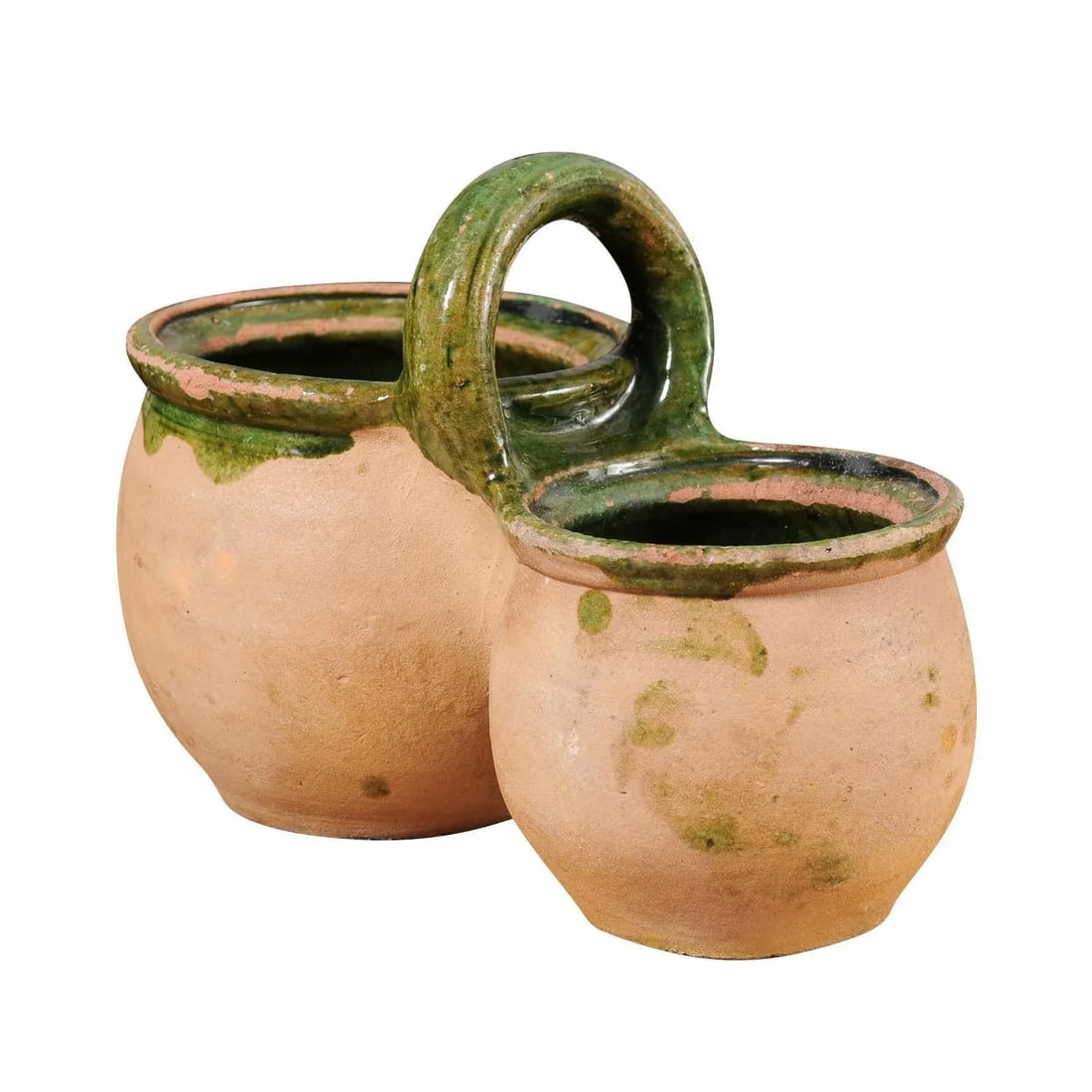 Green Glazed 19th Century Pottery Shepherd's Lunch Holder with Bowls and Handle - 5