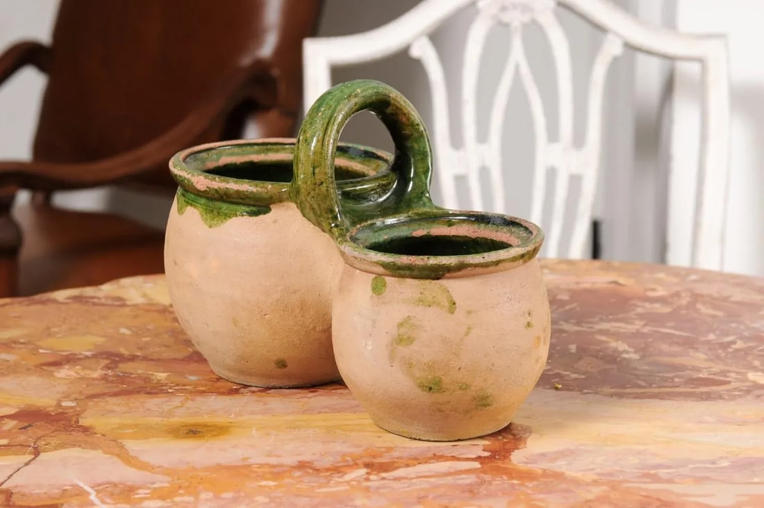 Green Glazed 19th Century Pottery Shepherd's Lunch Holder with Bowls and Handle - 8