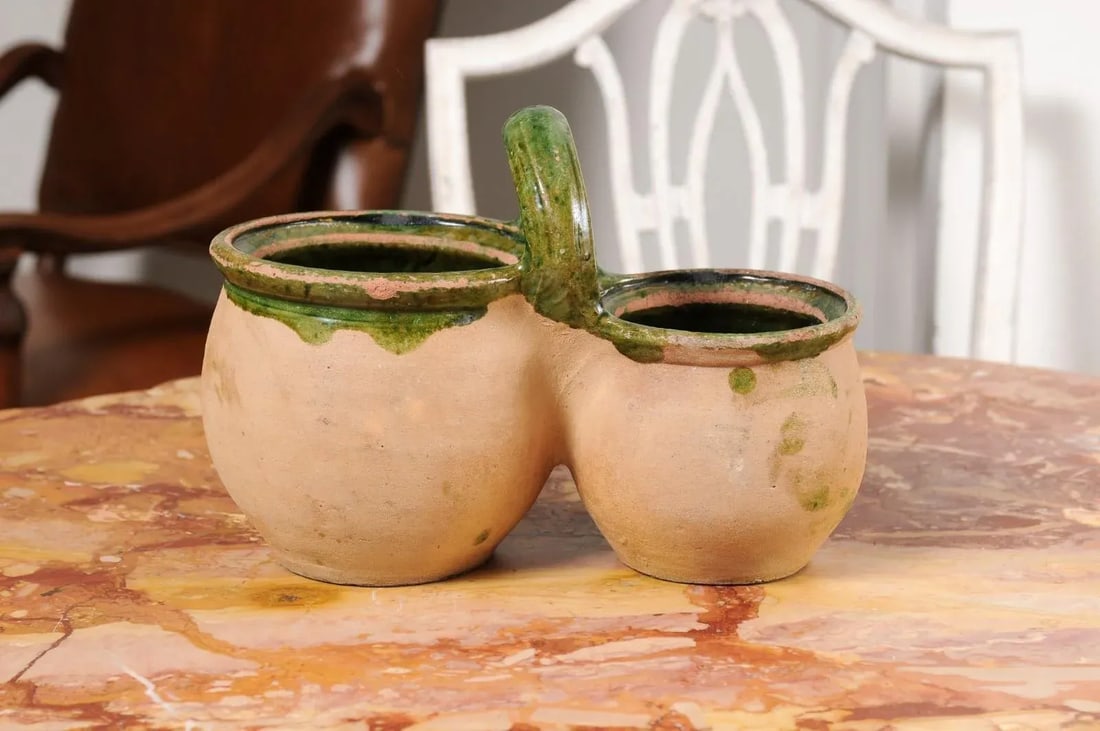 Green Glazed 19th Century Pottery Shepherd's Lunch Holder with Bowls and Handle - 9
