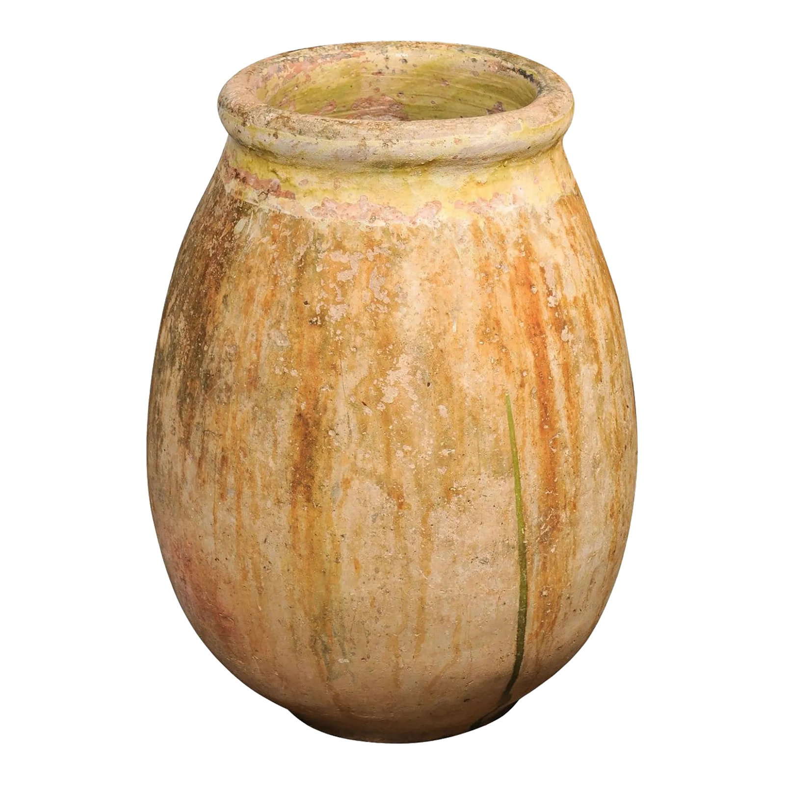 Large Size French Provincial 19th Century Glazed Terracotta Biot Olive Oil Jar: A large size French Provincial terracotta olive oil Biot jar from Provence with traces of yellow glaze and green dripping from the 19th century. A magnificent large-sized French Provincial terracotta
