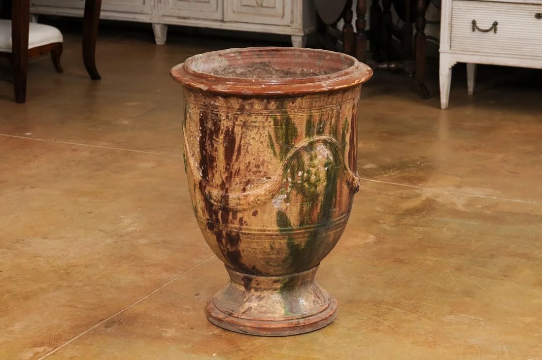 Large French 19th Century Boisset Anduze Jar with Brown, Green Glaze and Swags - 11