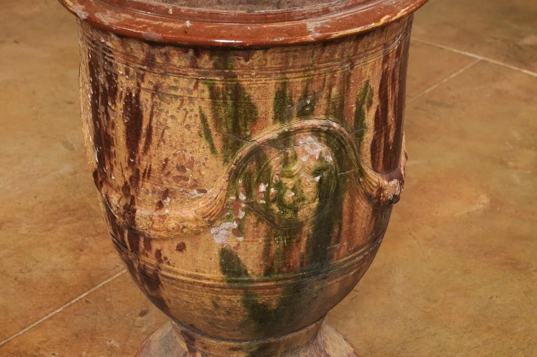 Large French 19th Century Boisset Anduze Jar with Brown, Green Glaze and Swags - 12