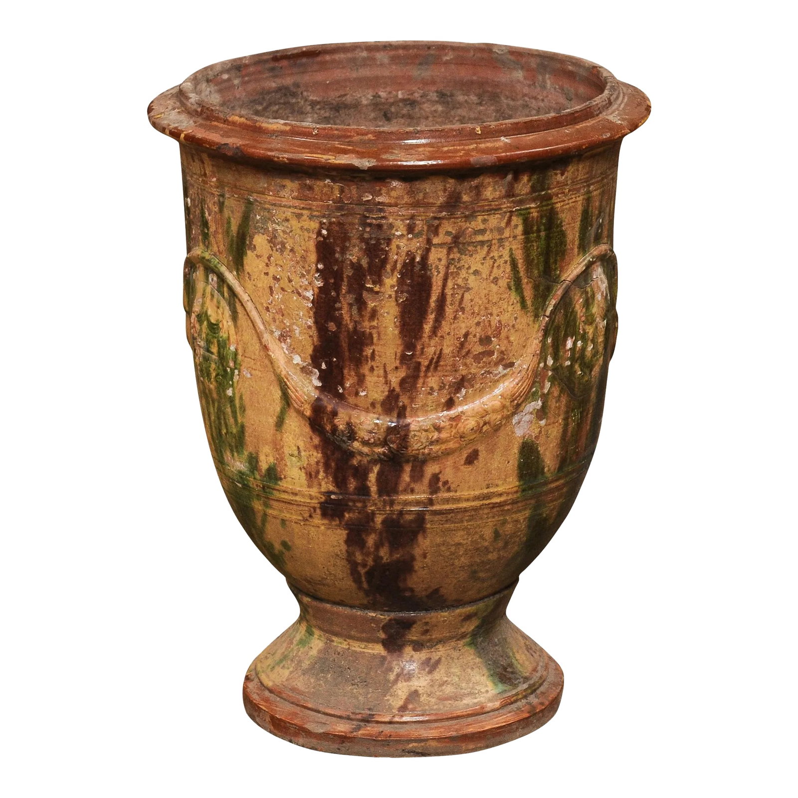 Large French 19th Century Boisset Anduze Jar with Brown, Green Glaze and Swags: A large French Anduze Boisset jar from the 19th century with dark brown and green drip glaze and swag decoration in raised relief. Imbued with an aura of rustic elegance and traditional