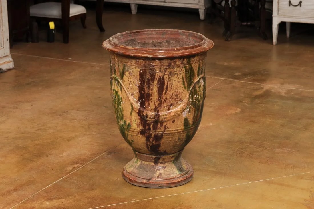 Large French 19th Century Boisset Anduze Jar with Brown, Green Glaze and Swags - 6