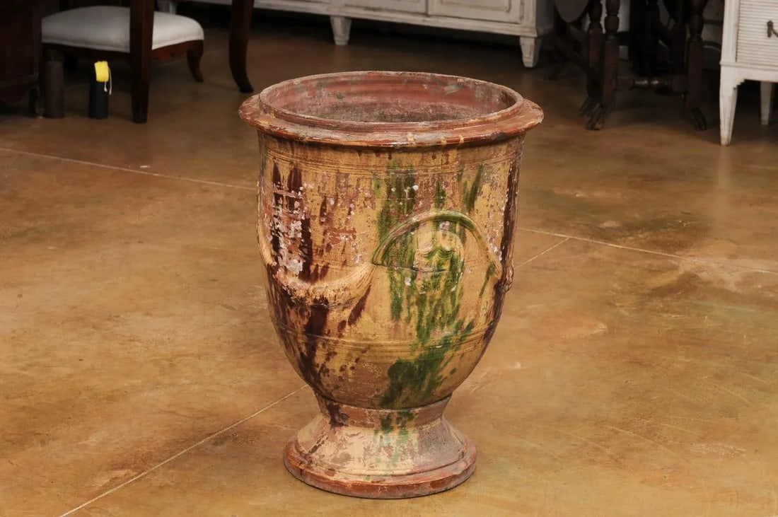 Large French 19th Century Boisset Anduze Jar with Brown, Green Glaze and Swags - 9