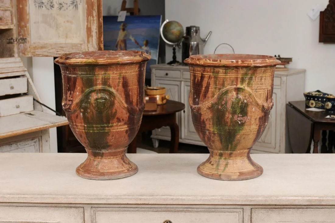 French 19th Century Anduze Jars with Brown and Green Glaze and Swags - A Pair - 11