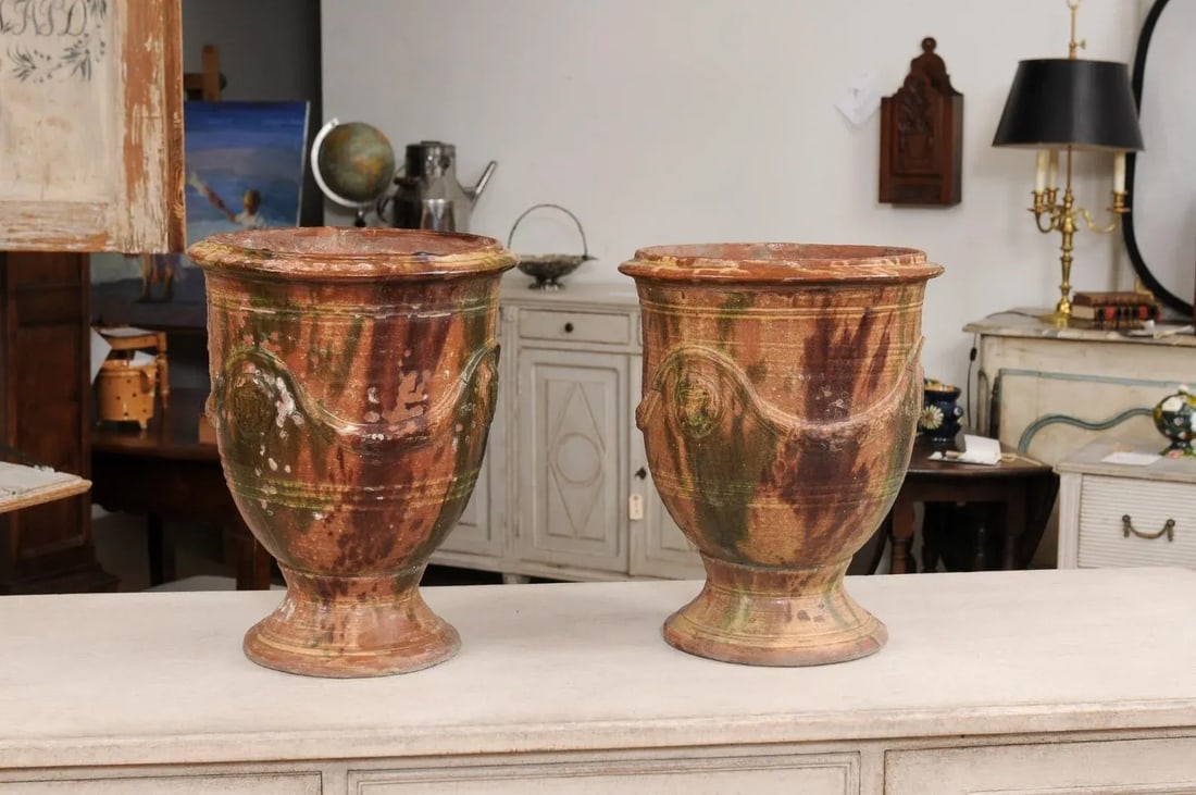 French 19th Century Anduze Jars with Brown and Green Glaze and Swags - A Pair - 12