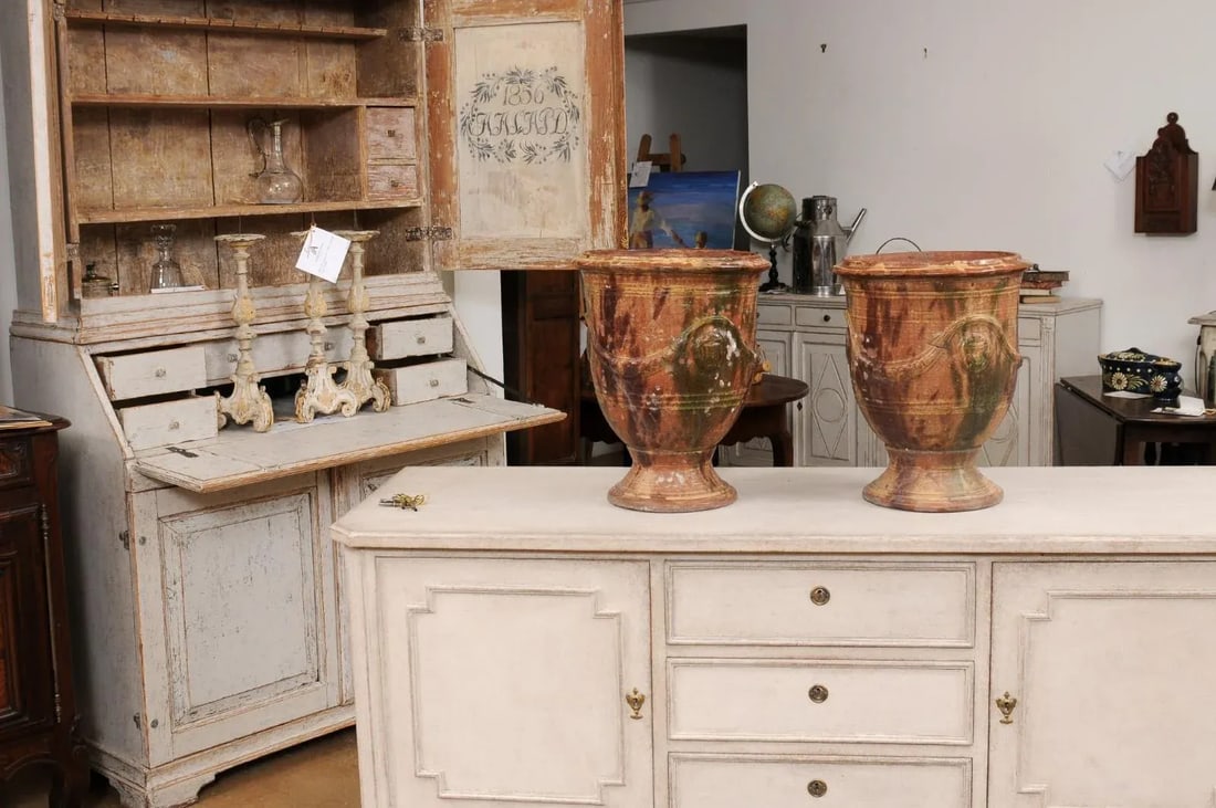 French 19th Century Anduze Jars with Brown and Green Glaze and Swags - A Pair - 2