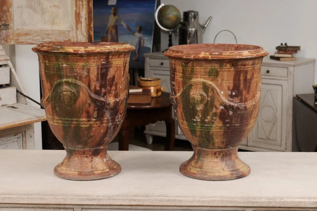 French 19th Century Anduze Jars with Brown and Green Glaze and Swags - A Pair - 3