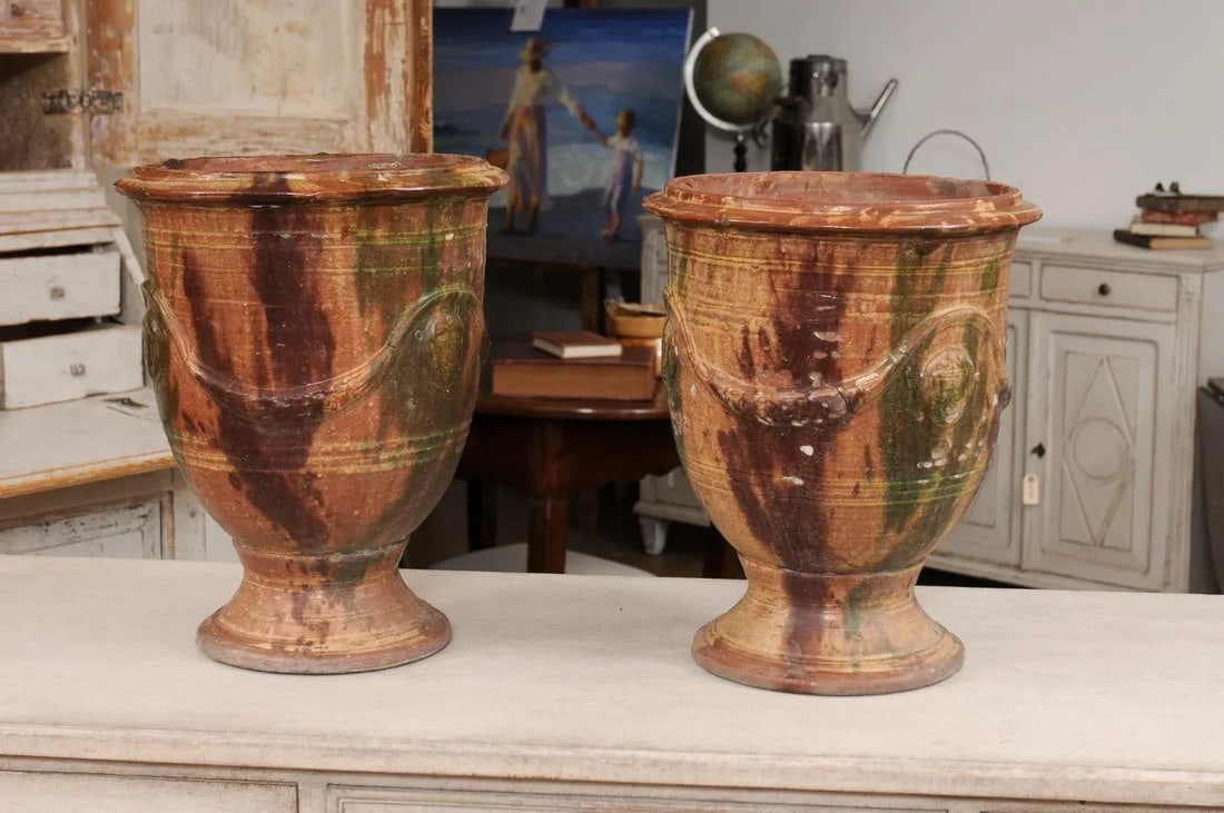 French 19th Century Anduze Jars with Brown and Green Glaze and Swags - A Pair - 4