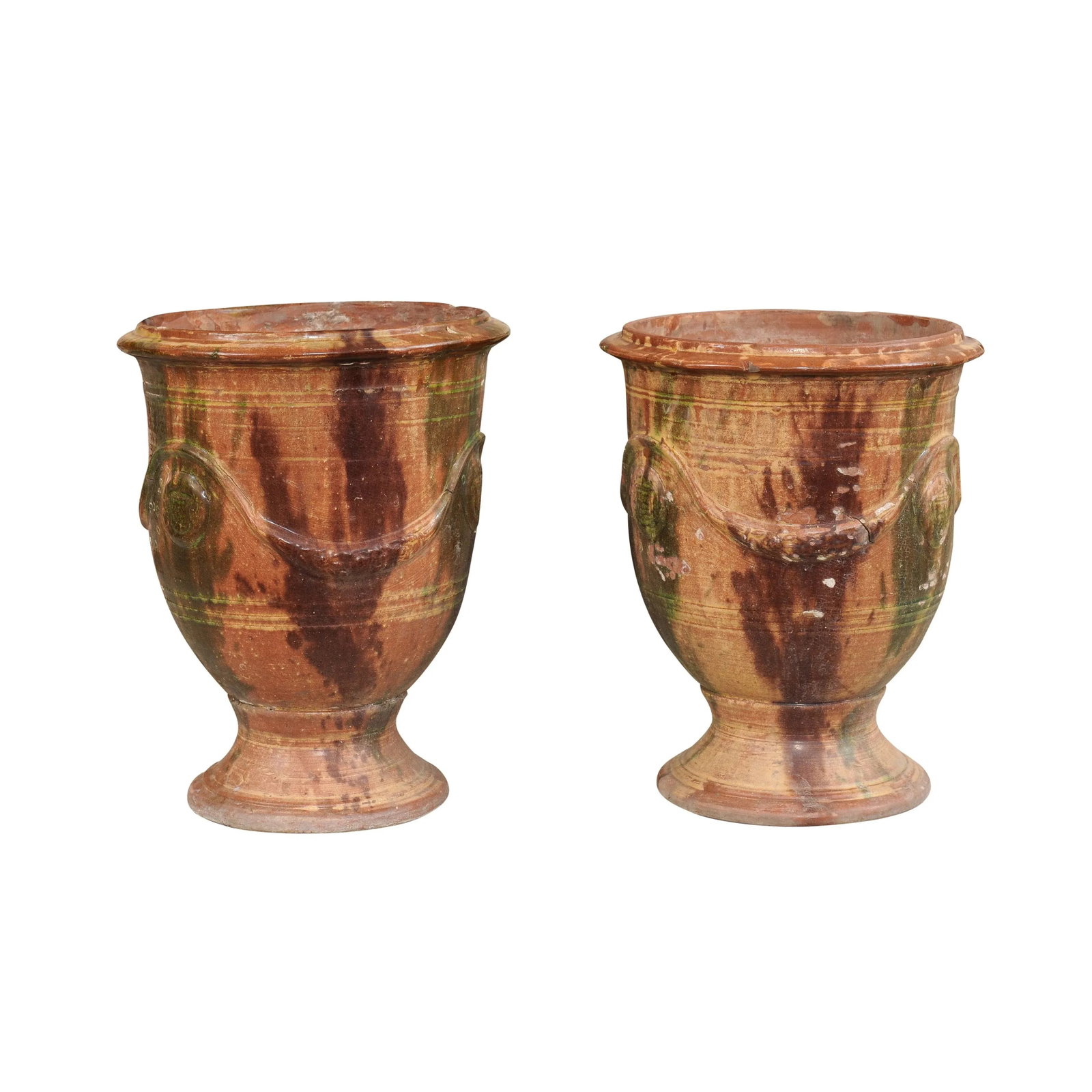 French 19th Century Anduze Jars with Brown and Green Glaze and Swags - A Pair - 5