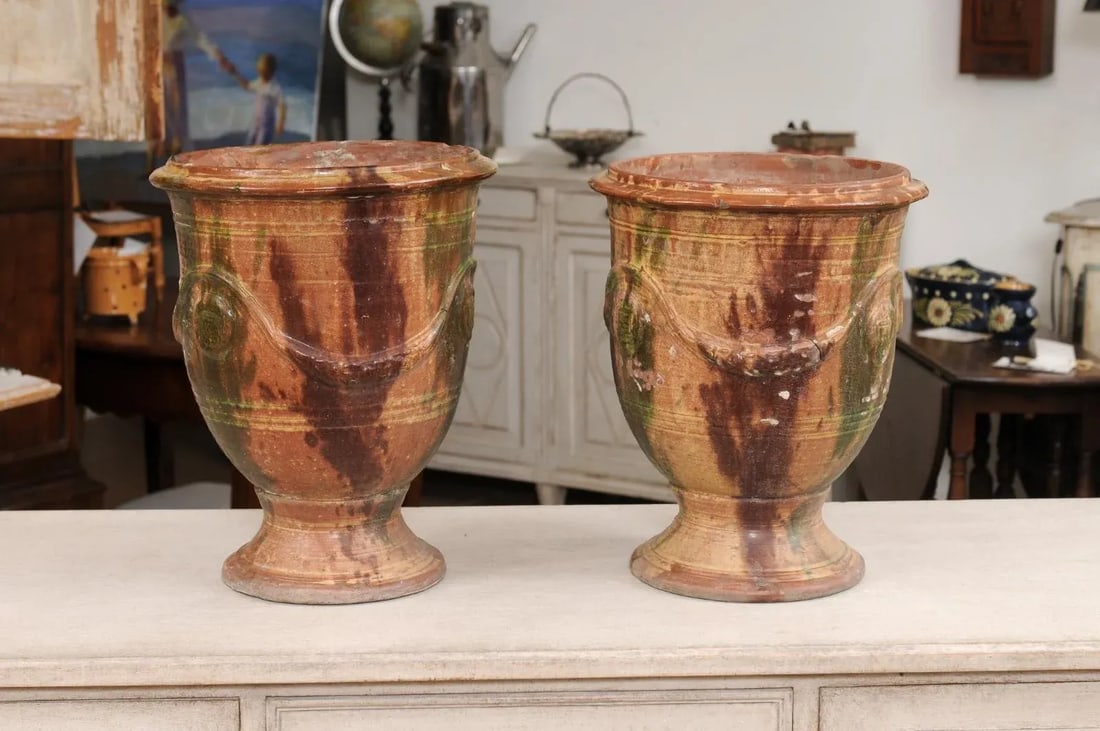 French 19th Century Anduze Jars with Brown and Green Glaze and Swags - A Pair - 6