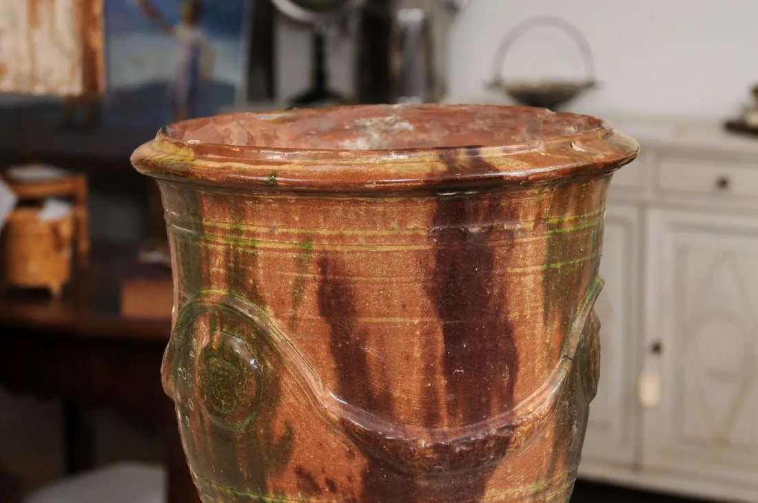 French 19th Century Anduze Jars with Brown and Green Glaze and Swags - A Pair - 7