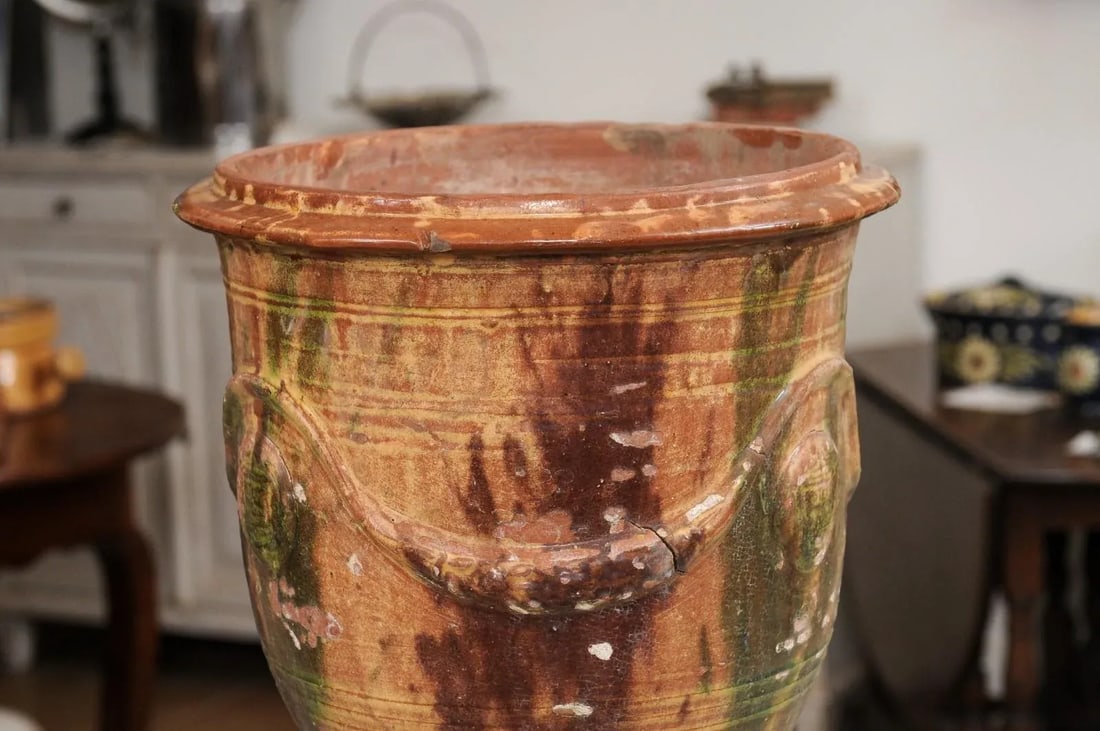 French 19th Century Anduze Jars with Brown and Green Glaze and Swags - A Pair - 9