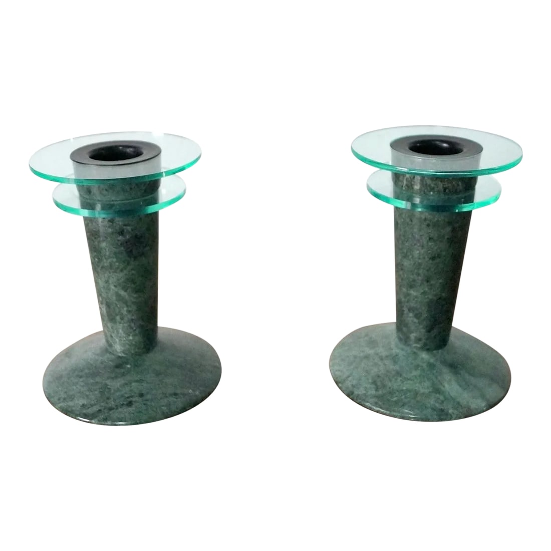 1980's Post-Modern Memphis Style Marble & Lucite Candleholders - a Pair: Pair of 1980's Memphis style candlesticks for sale. Made of solid marble and lucite, and in excellent condition. The marble is a beautiful hunter green tone with some light green and black details.