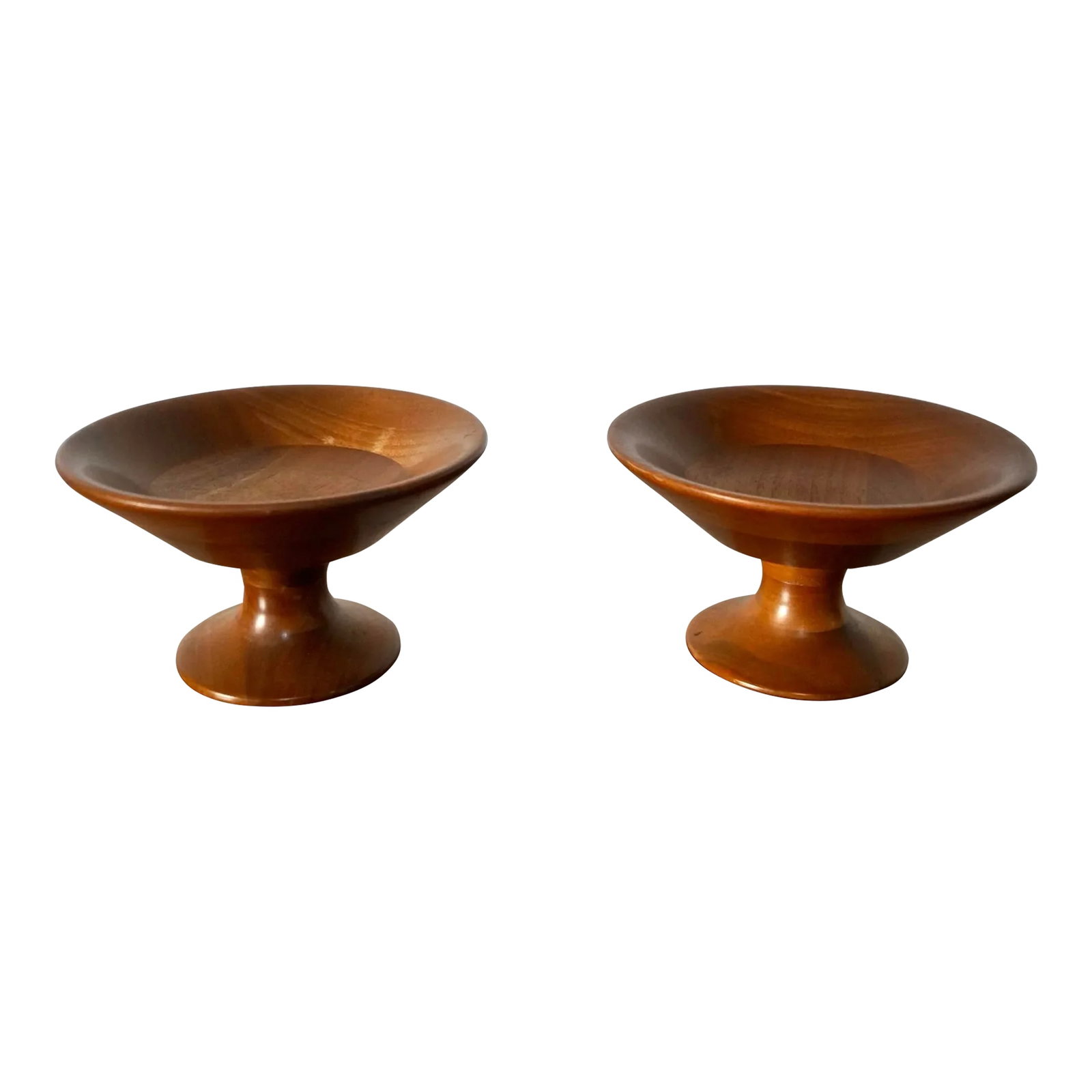 1950's Mid-Century Modern Sculpted Walnut Pedestal Bowls - a Pair: Vintage Midcentury Modern turned walnut pedestal bowls for sale. Original pieces by Ozark, and beautiful decorative pieces. Sculpted works with a Danish Modern aesthetic, and solid. Both in great