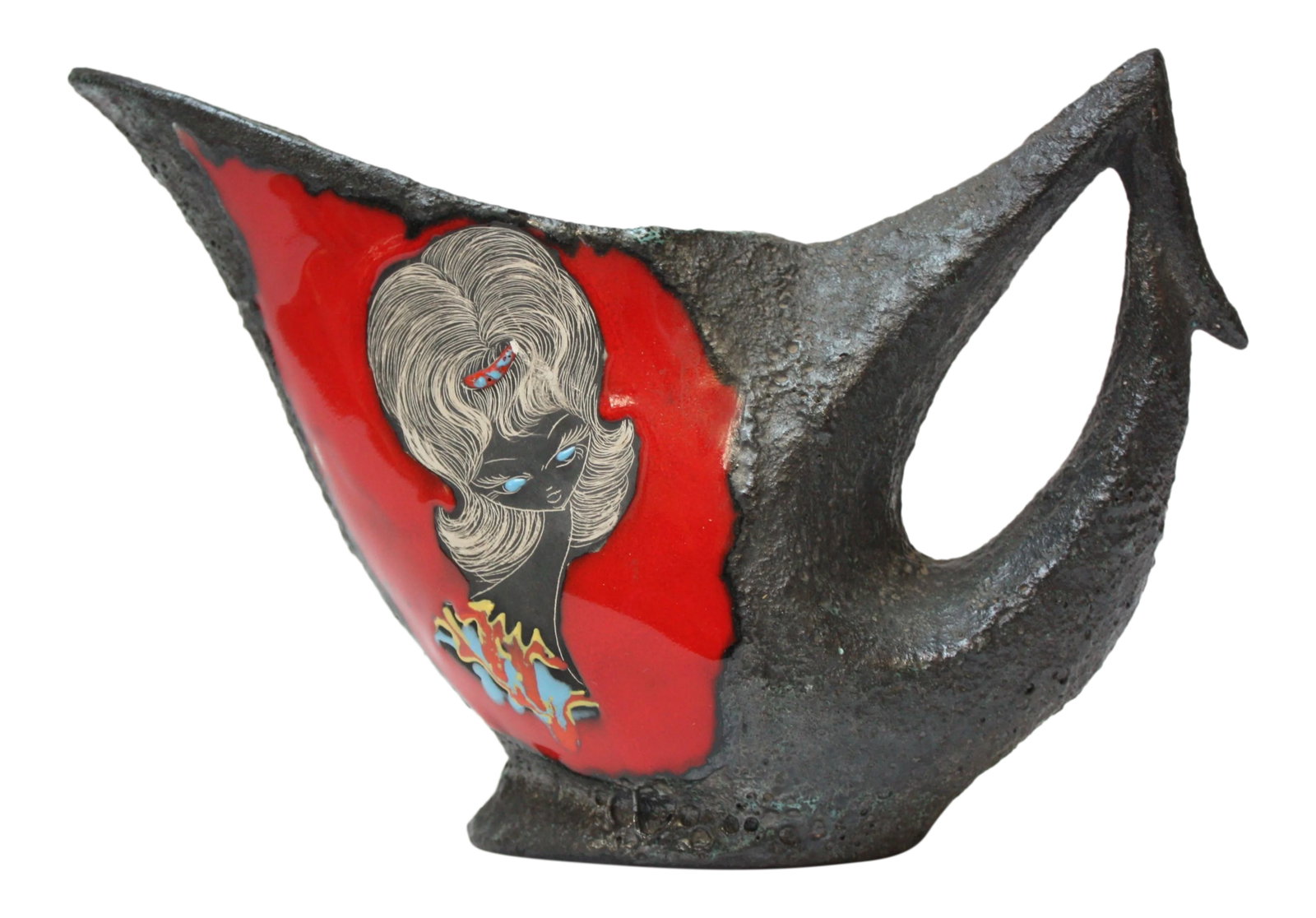 Mid Century Italian Modern San Marino Fat Lava Ceramic and Enamel Pitcher: Circa 1960s Italian ceramic pitcher produced in San Marino (a small, independent republic within Italy) by Ceramica Titano (Features a highly-textured 'fat lava' glaze, one of San Marino's signature f