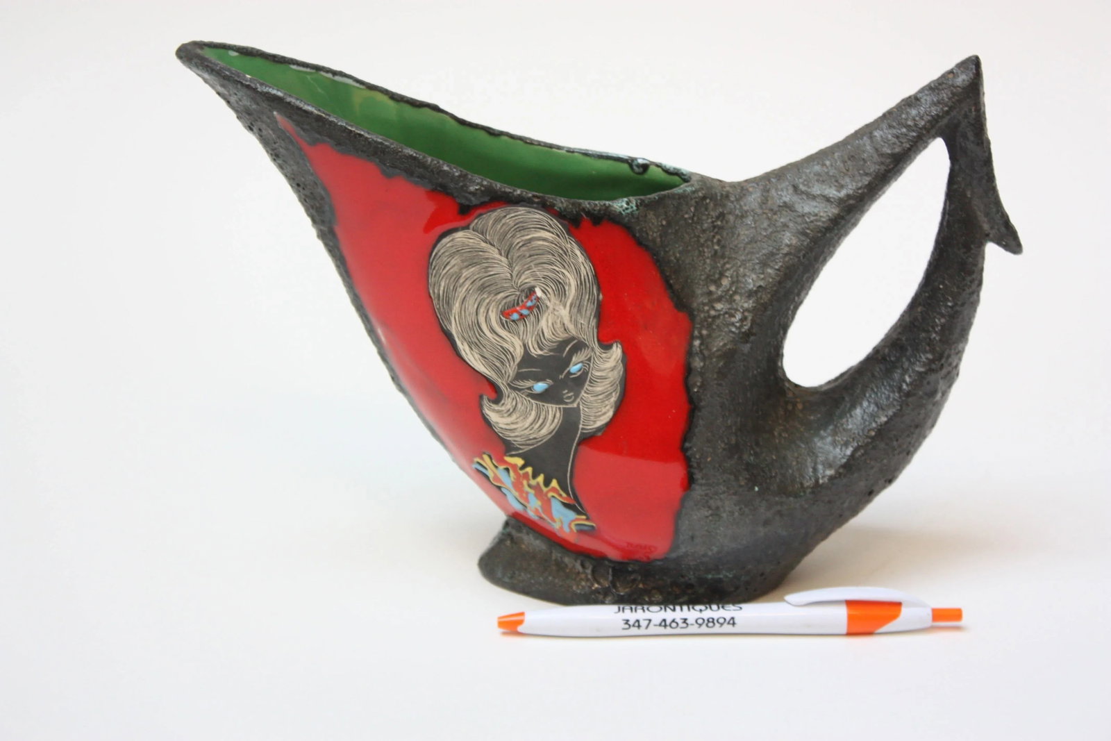 Mid Century Italian Modern San Marino Fat Lava Ceramic and Enamel Pitcher - 3