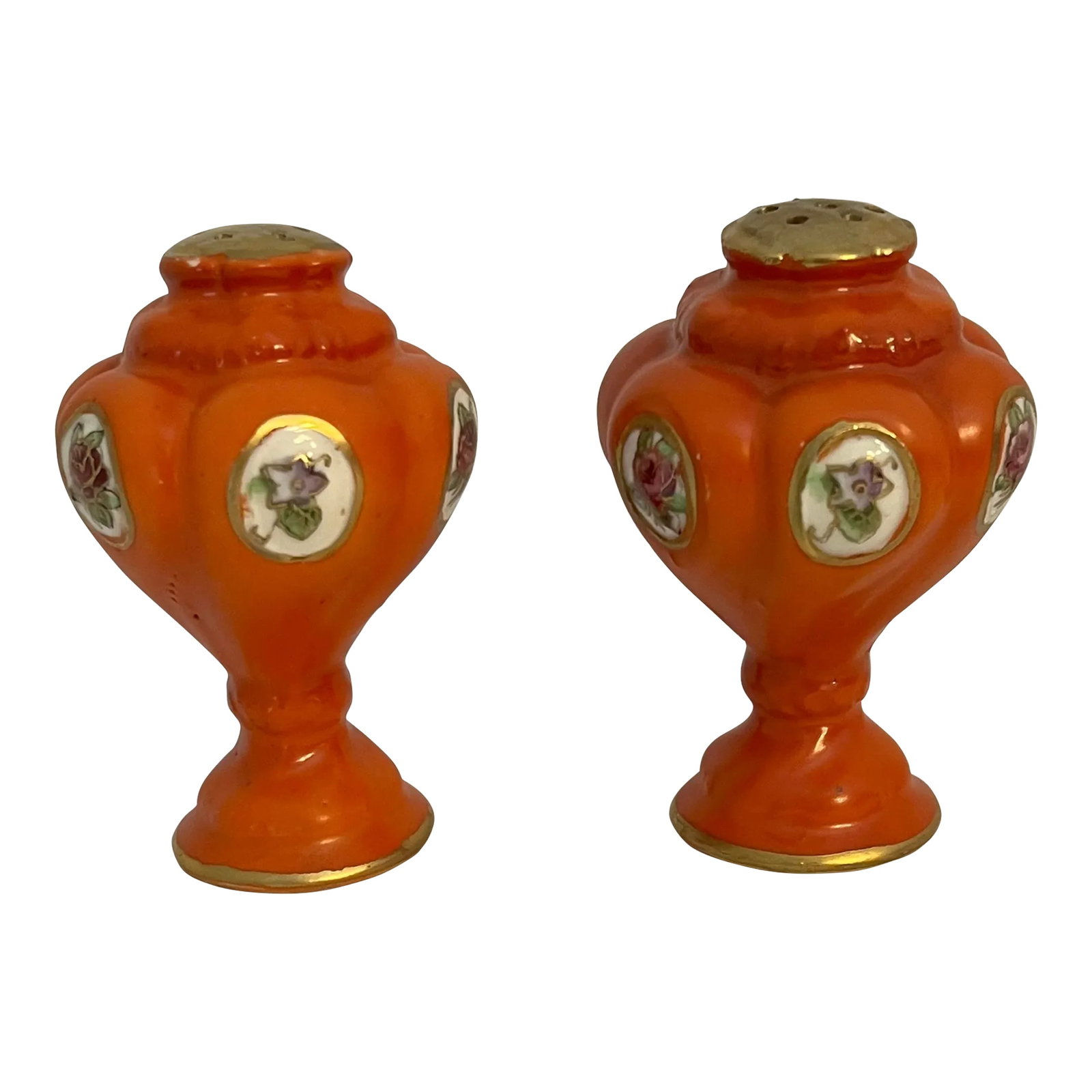 Mid Century Orange Topiary Shaped Salt and Pepper Shakers, Japan - a Pair: Pair of orange topiary shaped salt and pepper shakers with gourd shaped tops each scallop having an oval panel decorated with floral design. Gilt bands around the bottom and around the top holes are