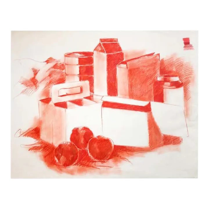 Mid-Century Pop Art Red Still Life Drawing Sketch by Salvatore Grippi, 1960s Mod: Gorgeous red monochrome Pop Art still-life drawing on paper, in the midst of the artist's untitled table series of which I have a few large canvases listed. Don't miss this treasure! Condition: Altera