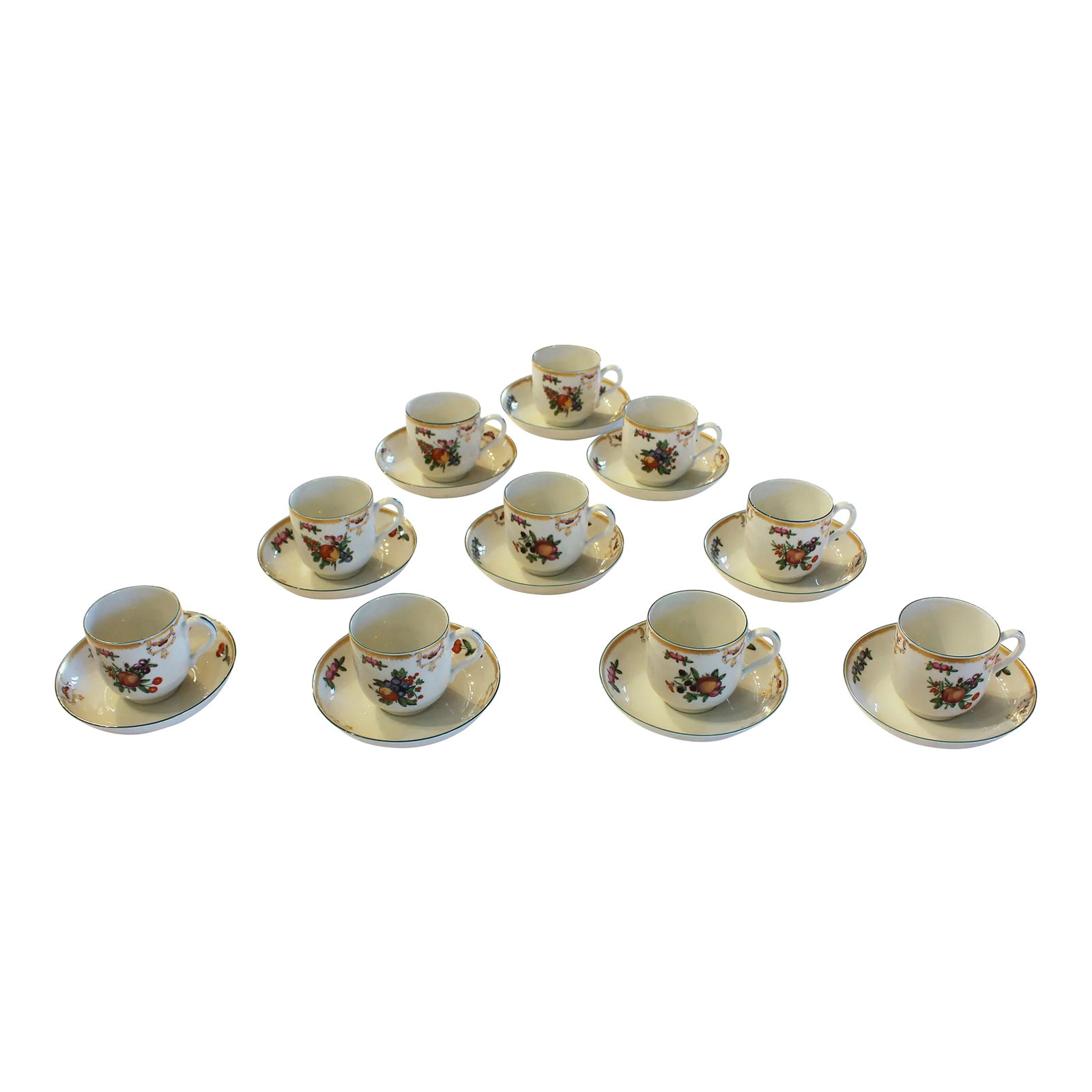 Late 20th Century Set of 10 Cups & Saucers by Mottahedeh: Set of 10 cups & saucers "Duke of Gloucester" pattern, by Mottahedeh, late 20th century. Made for Colonial Williamsburg's special Reserve Collection, copyright 1992. Hand painted & gilded. Adapted for
