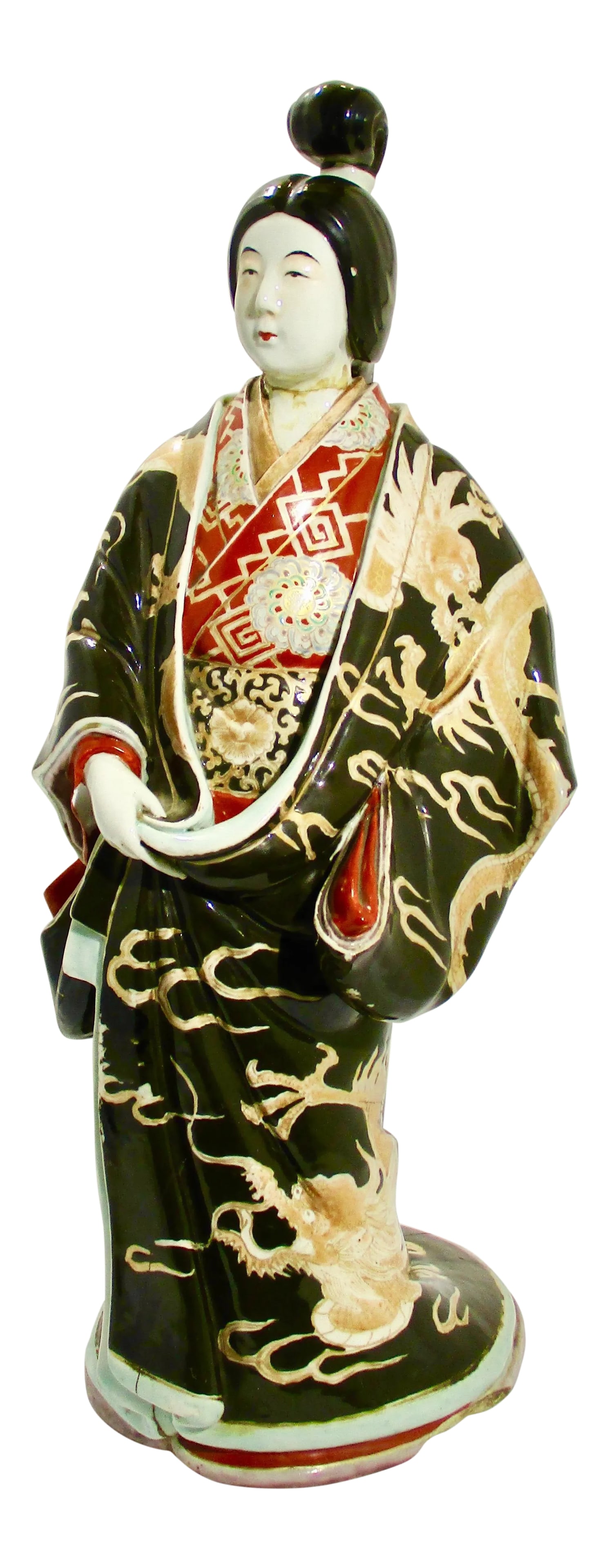 Japanese Kutani Porcelain Geisha Figure: Japanese Geisha porcelain figure from old lamp. Figure has been broken and re-glued and weighted with drill hole into fill to bolt figure to lamp base . Black with gilt dragon across field.