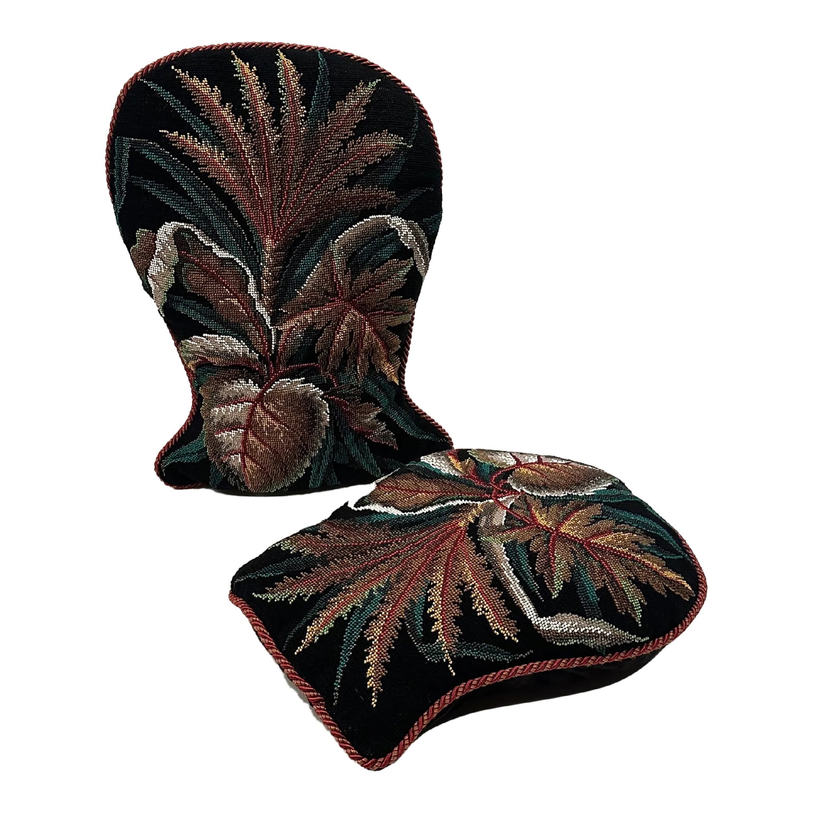 Beadwork Victorian Pillows -A Pair: Unusual and beautiful custom pillows incorporating Victorian bead work with exquisite hand work. Larger pillow 19 x 13 x 3 Smaller 17 x 13 x 3 Condition: Alterations: Restored Imperfections: Some