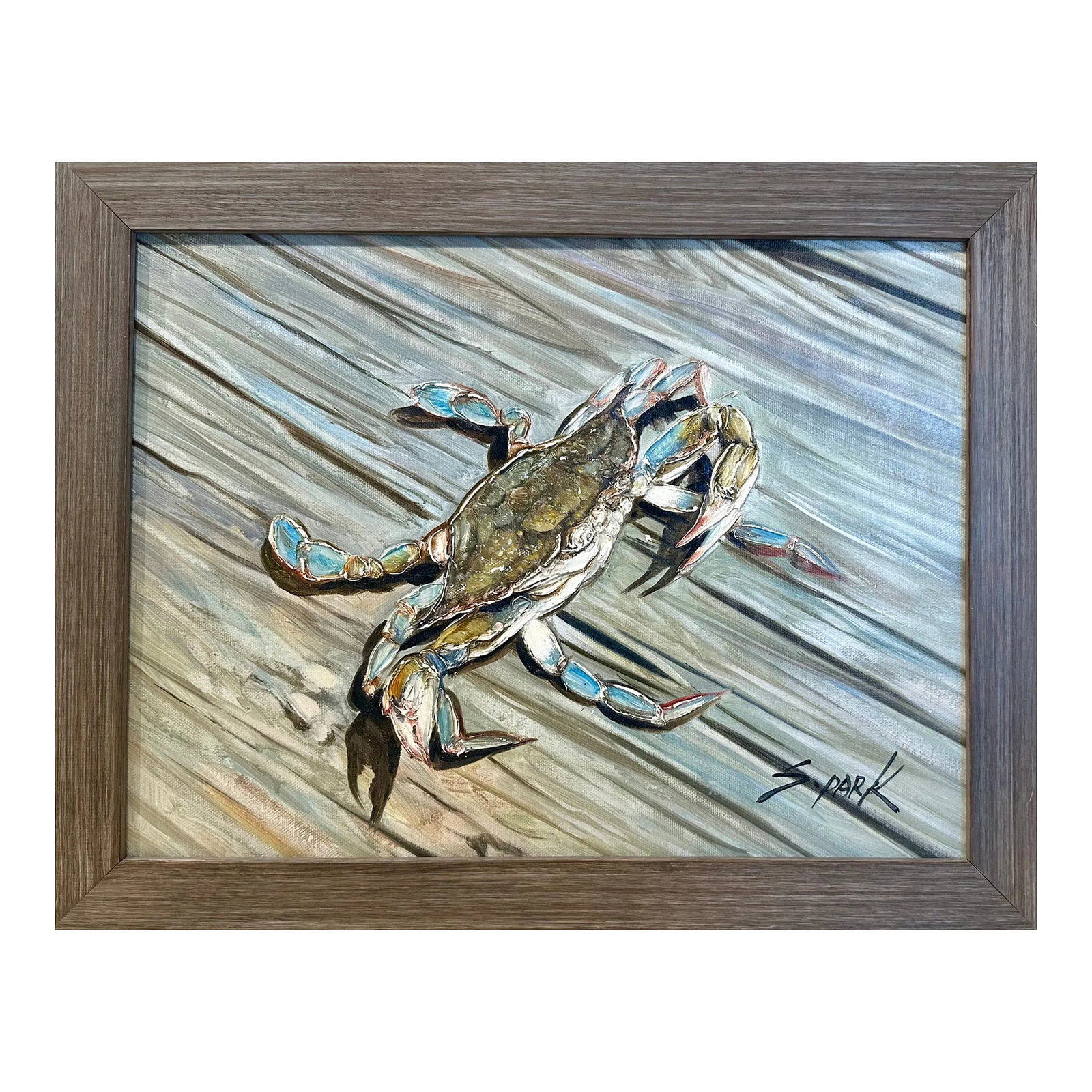 Contemporary Crab Painting by S. Park, Framed: Original oil on canvas of Crab on boardwalk by S. Park. Displayed in a custom wood frame. Dimensions: 14 x 18 3/4" Condition: Alterations: Original Condition Unaltered Imperfections: Some Imperfection