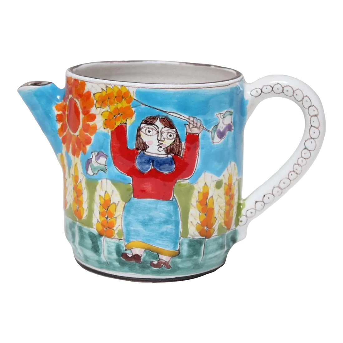 Vintage Hand Painted Italian Ceramic Ischia Landscape Scene With Figures Pitcher / Coffee Pot by Des: Hand-painted ceramic pitcher by Sicilian aristocrat turned artist, Giovanni De Simone (ca. 1970s, Italy). "Pitcher" is really a wide mug with handle and spout, ideal for pouring espresso/small