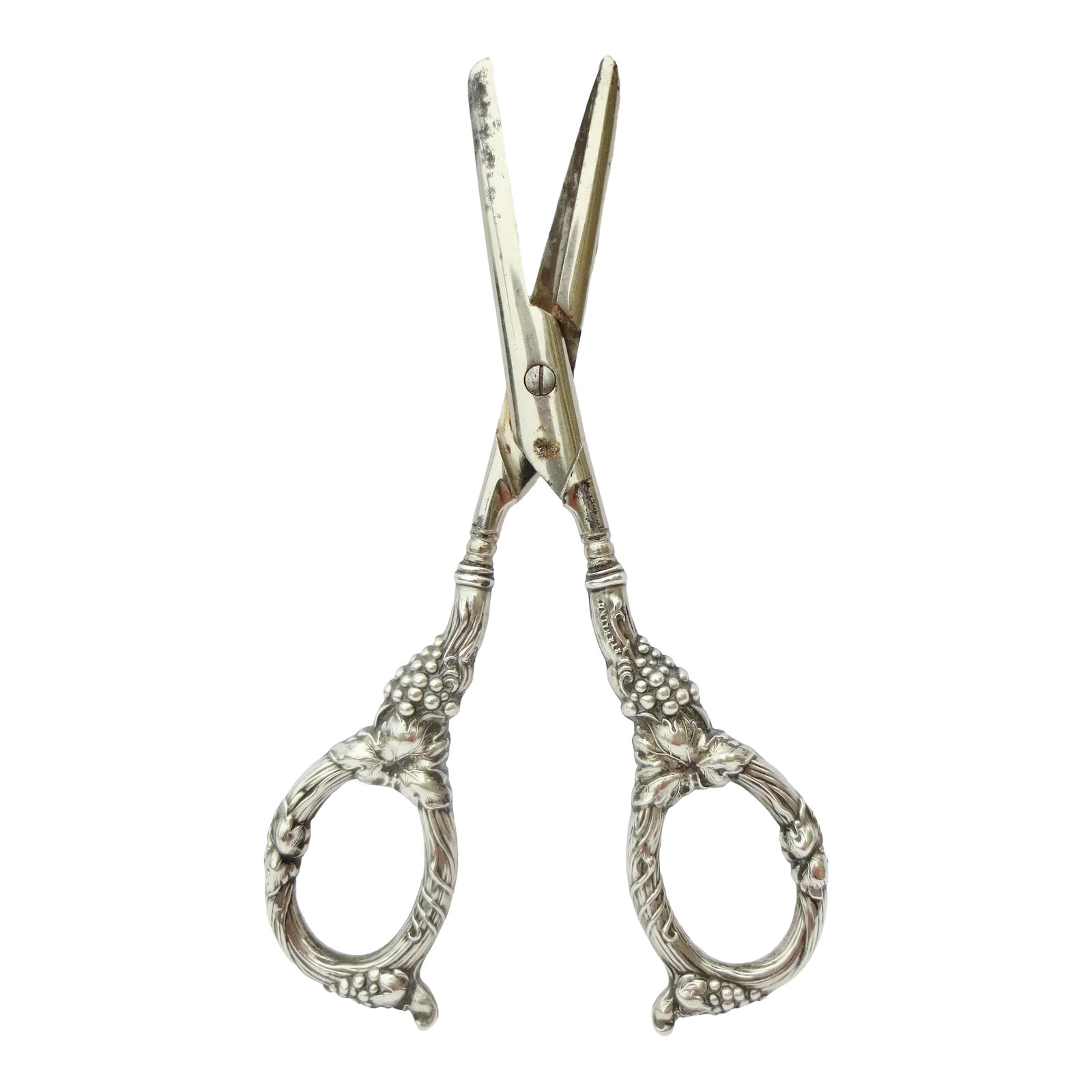 Grape Shears Sterling Silver Circa 1920s': Art Nouveau Grape shears. Grapes and Vines with tendrils wrap the handle with Marks Sterling on the base of the grapes and marked GERMANY to the blades. The size is 6" and 2.5" wide. Very good