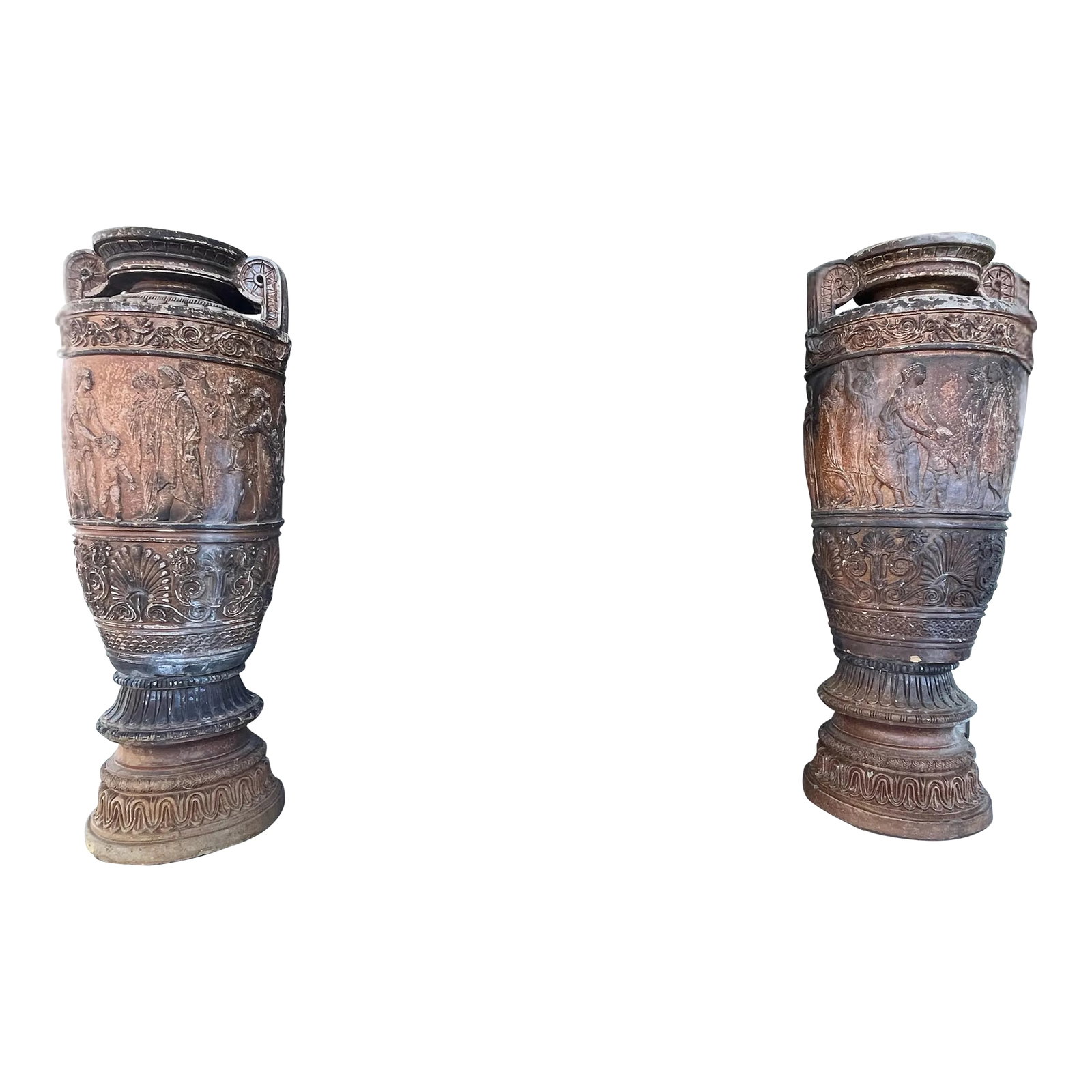 Pair Late 19th Century Monumental Neoclassical Amphora Garden Urns - Set of 2: A rare formed " Amphora" pair of Neoclassical made made from dense terracotta or possibly sandstone boat these massive beautiful patinated urns. Previously from a major Connitticut home thus sold