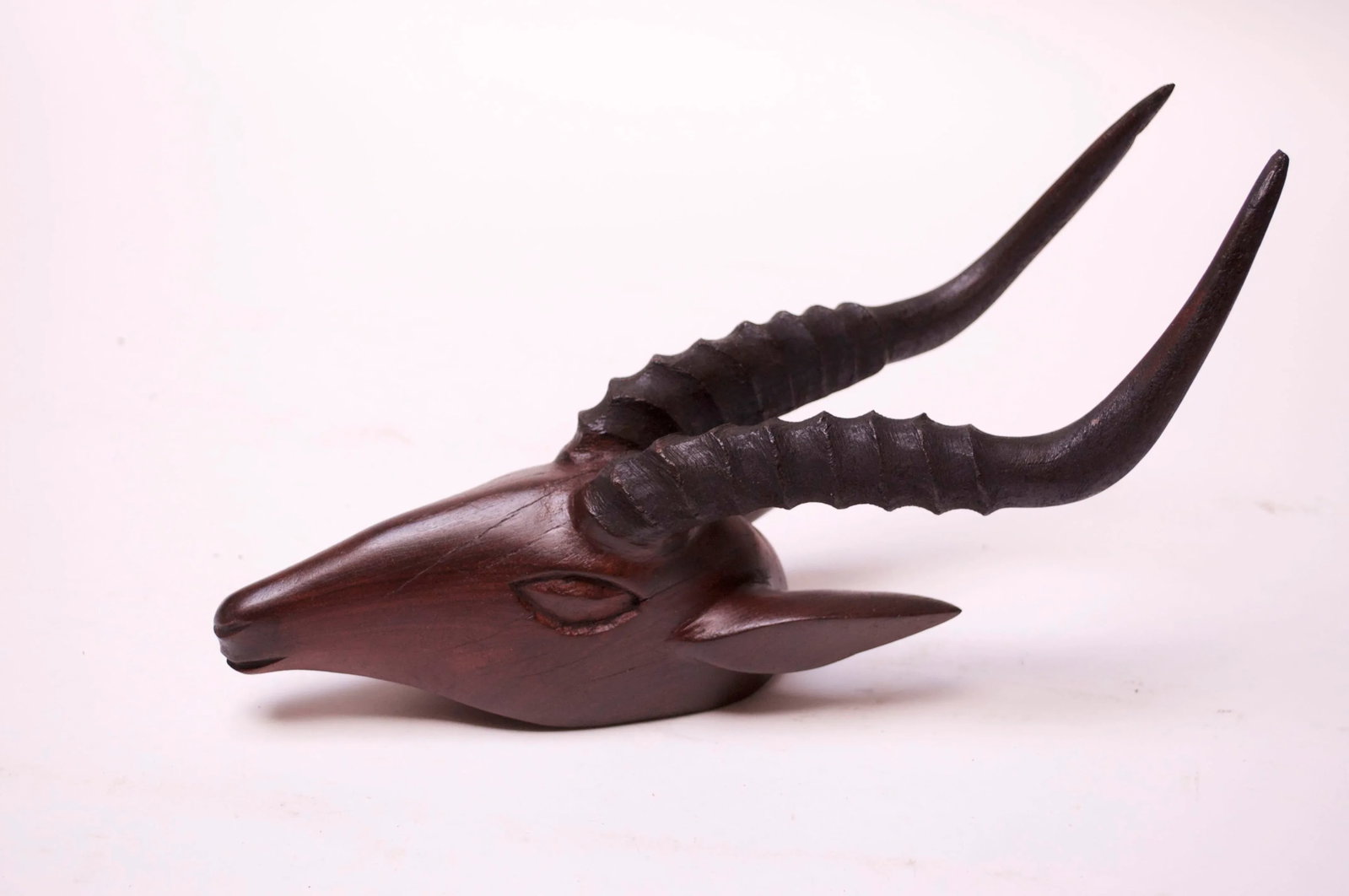 Wall-Mounted Hand-Carved Wooden Antelope Head - 2