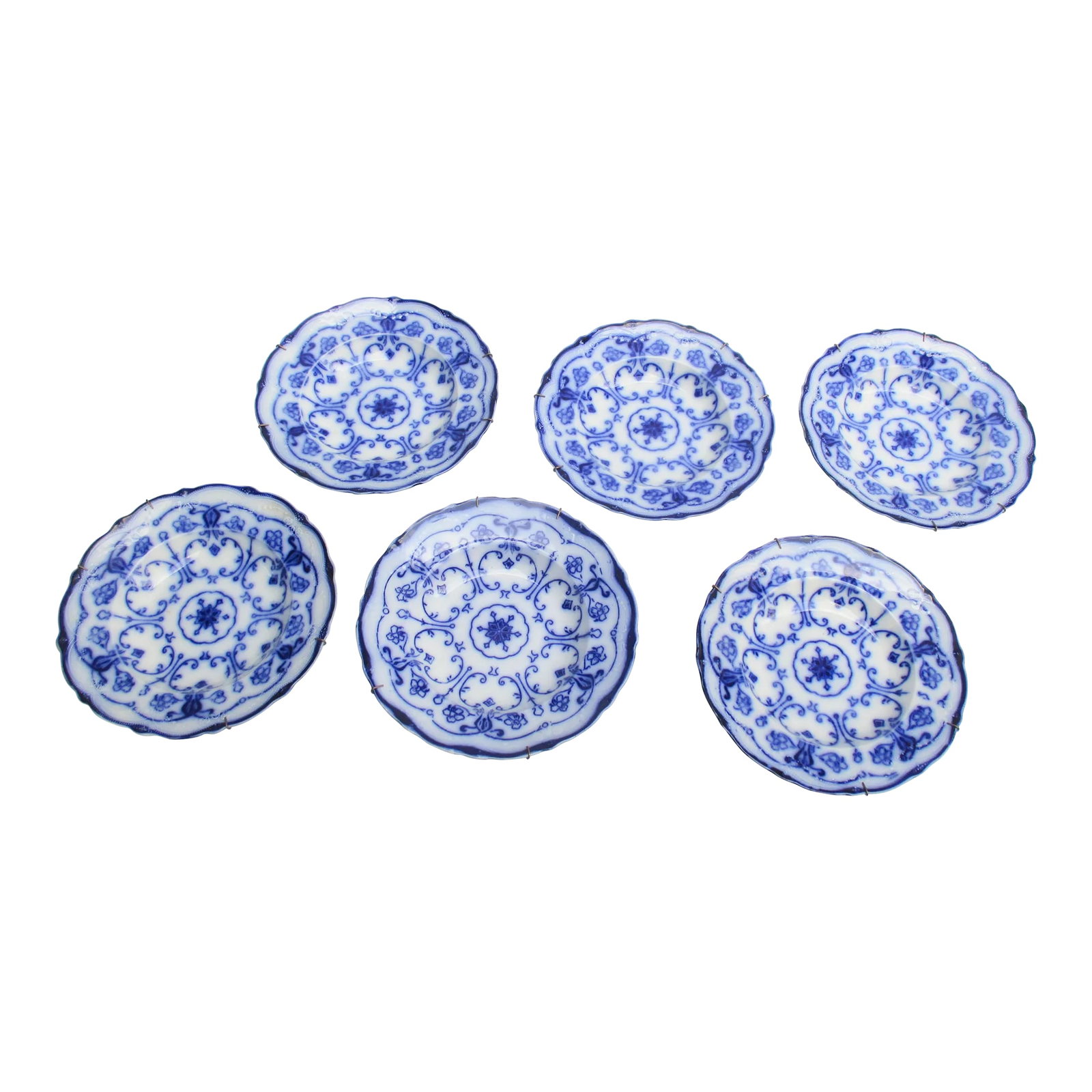 Art Nouveau New Wharf Pottery Flow Blue Transfer Conway -A Set of 6: Art Nouveau New Wharf Pottery Flow Blue Transfer Conway Pattern Plate 9" 1890-94. These ar Large Rim Soup Bowls munted in wall hangers to display this collection. The pattern was produced in the late 