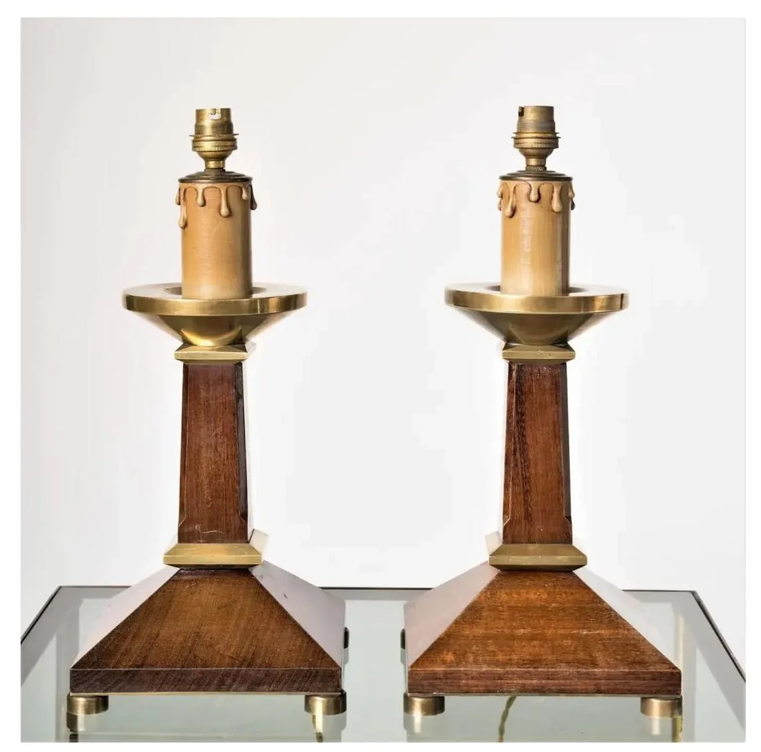 Pair of Neoclassical Style Mahogany and Brass Table Lamps, France 1960s - 2