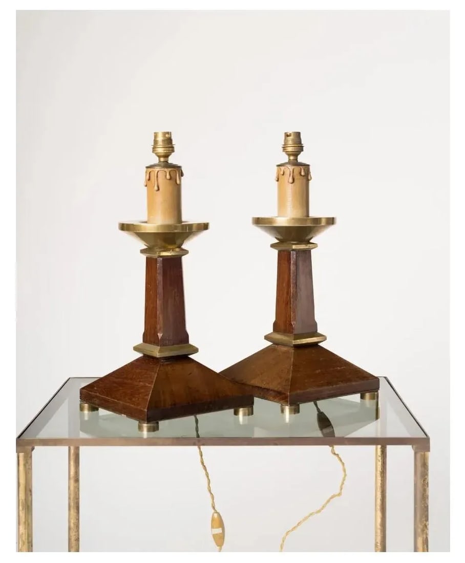 Pair of Neoclassical Style Mahogany and Brass Table Lamps, France 1960s - 3