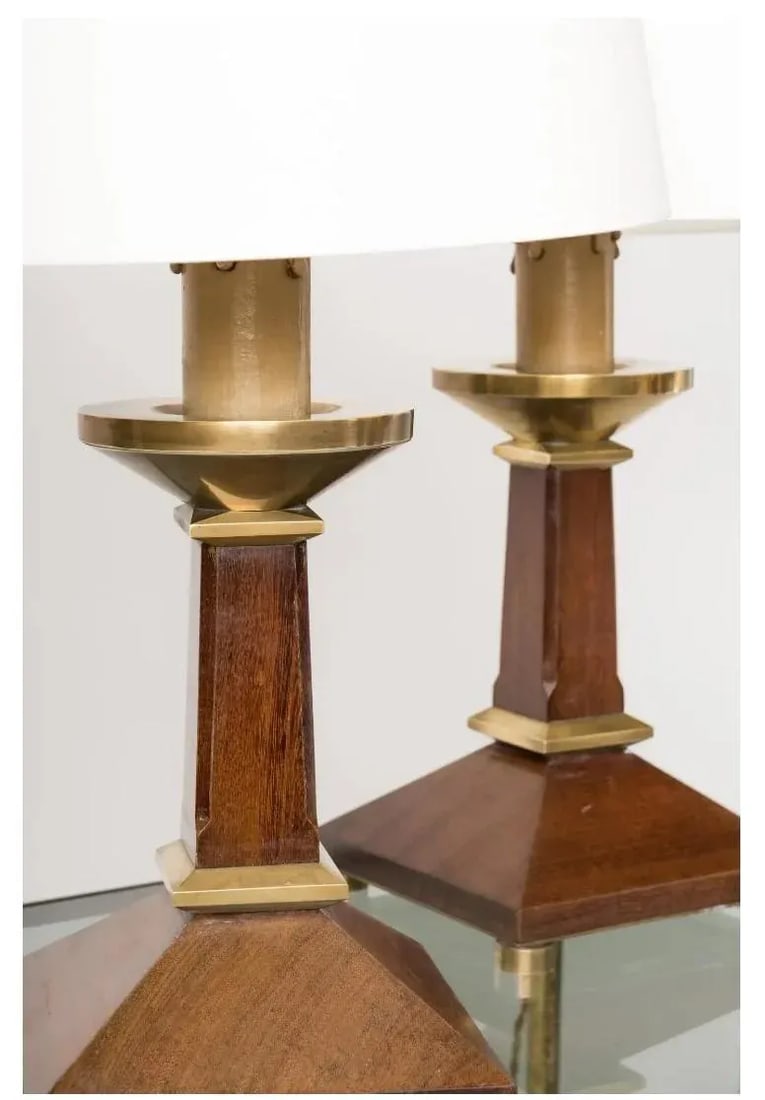 Pair of Neoclassical Style Mahogany and Brass Table Lamps, France 1960s - 4