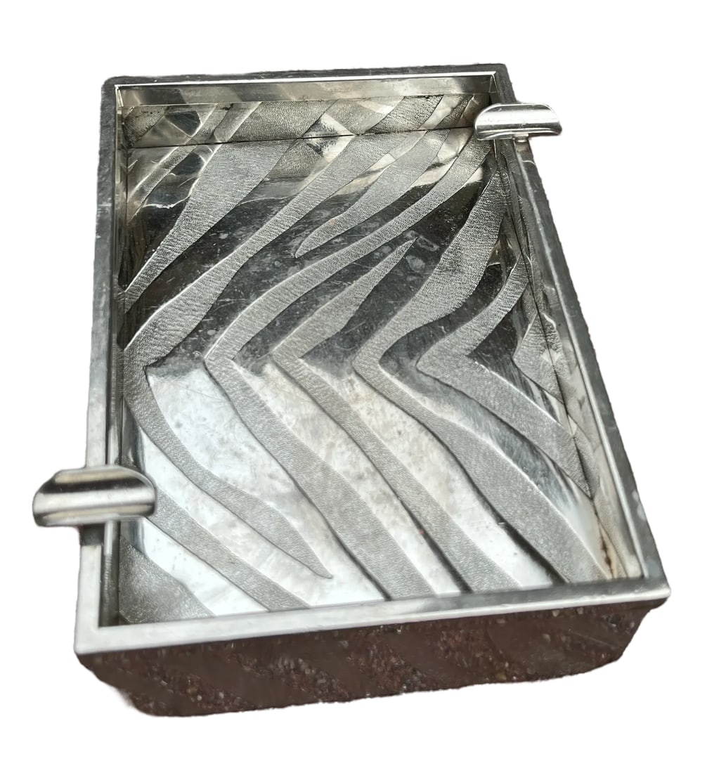 Mid Century Modern Incised Zebra Print Pattern Italian Silver Ashtray, Marked Made in Italy - 2