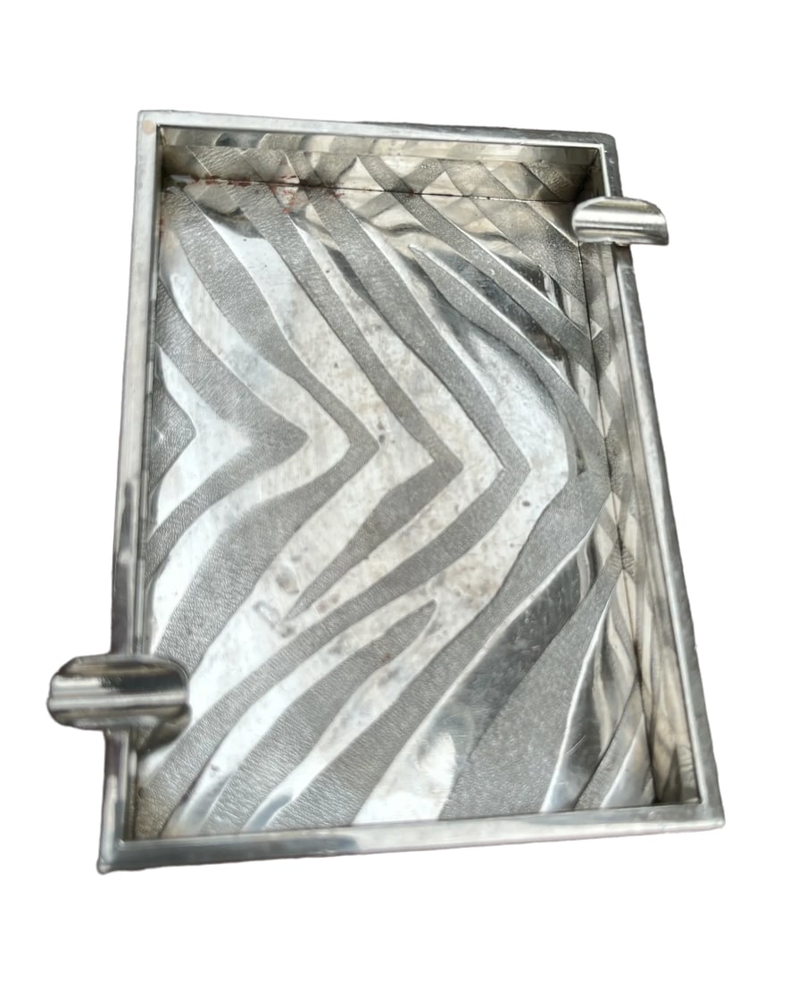 Mid Century Modern Incised Zebra Print Pattern Italian Silver Ashtray, Marked Made in Italy - 3