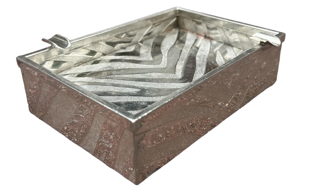 Mid Century Modern Incised Zebra Print Pattern Italian Silver Ashtray, Marked Made in Italy - 5