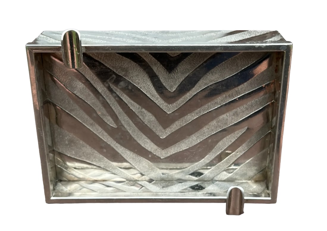 Mid Century Modern Incised Zebra Print Pattern Italian Silver Ashtray, Marked Made in Italy - 6