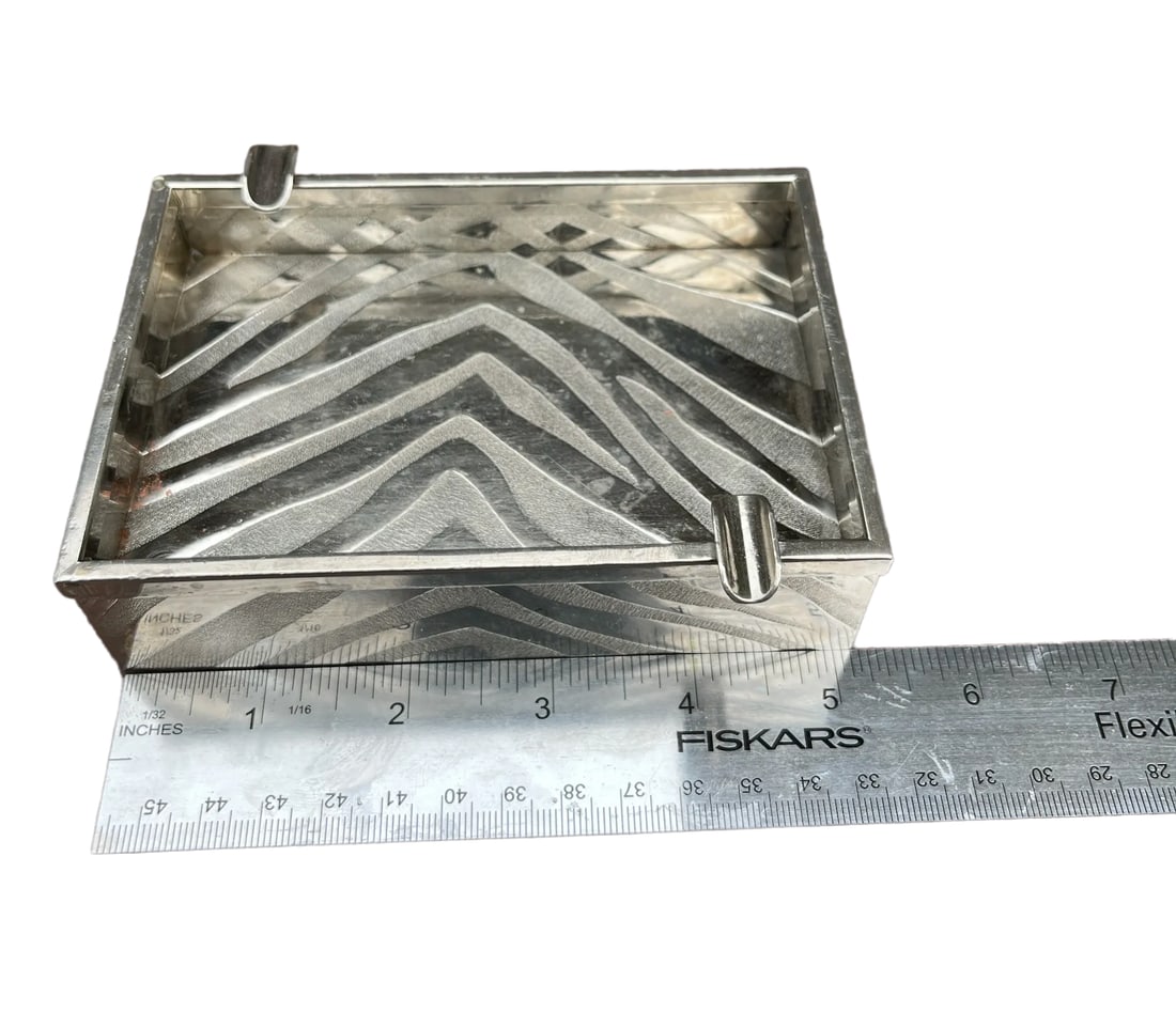 Mid Century Modern Incised Zebra Print Pattern Italian Silver Ashtray, Marked Made in Italy - 8