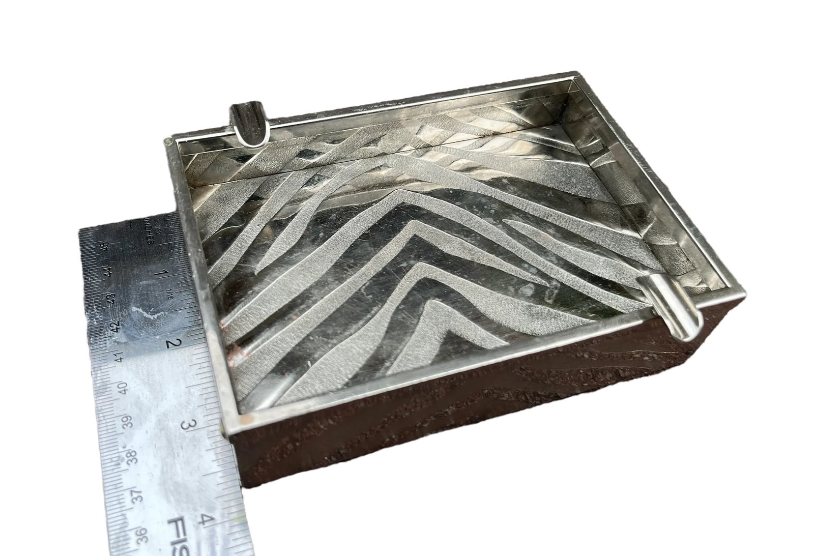 Mid Century Modern Incised Zebra Print Pattern Italian Silver Ashtray, Marked Made in Italy - 9