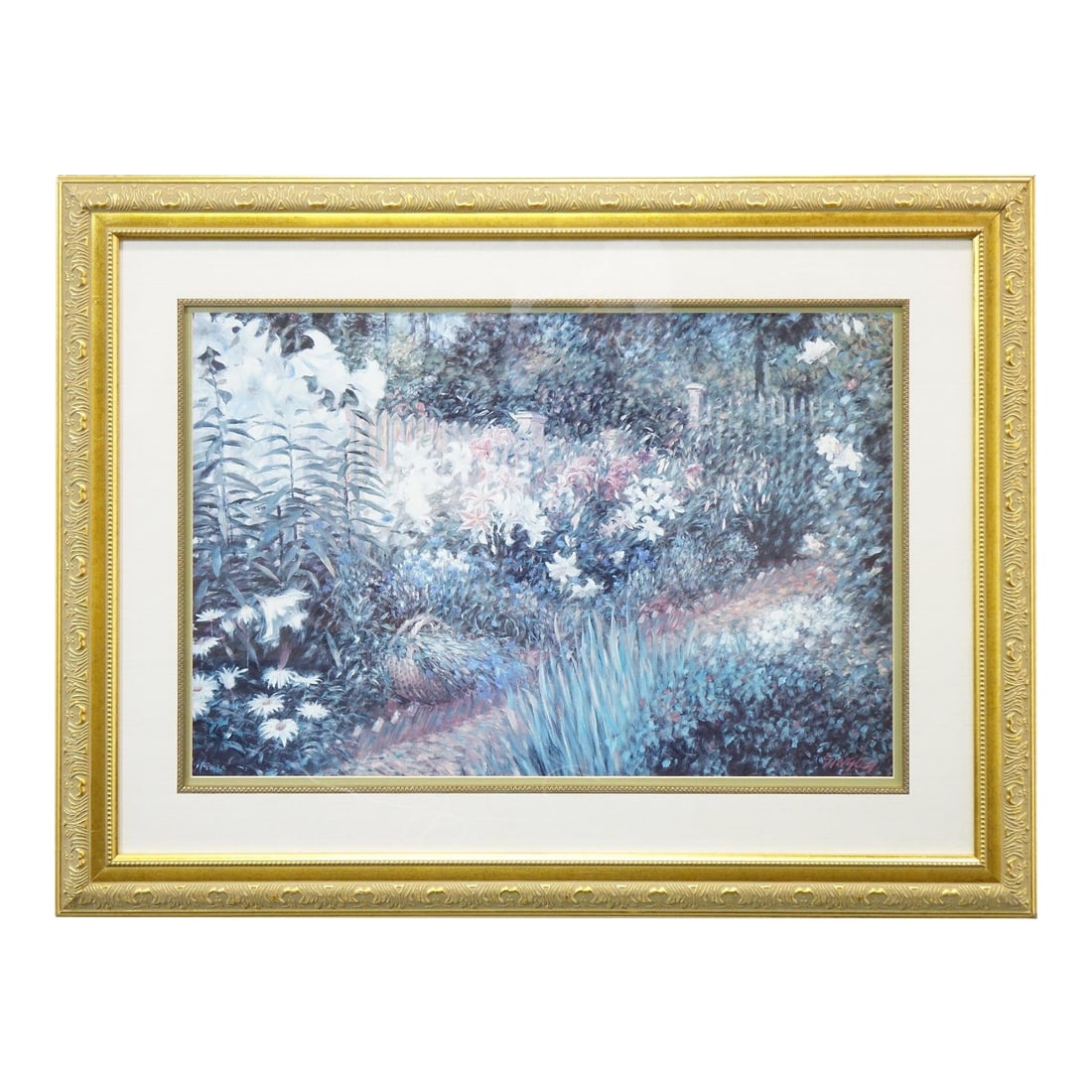 Blueish Garden Watercolor Painting Signed on the Bottom: This enchanting original watercolor painting presents a serene garden scene, uniquely rendered in cool blue tones. Lush foliage and blossoms appear in blue-toned greens, purples, pinks, and whites,