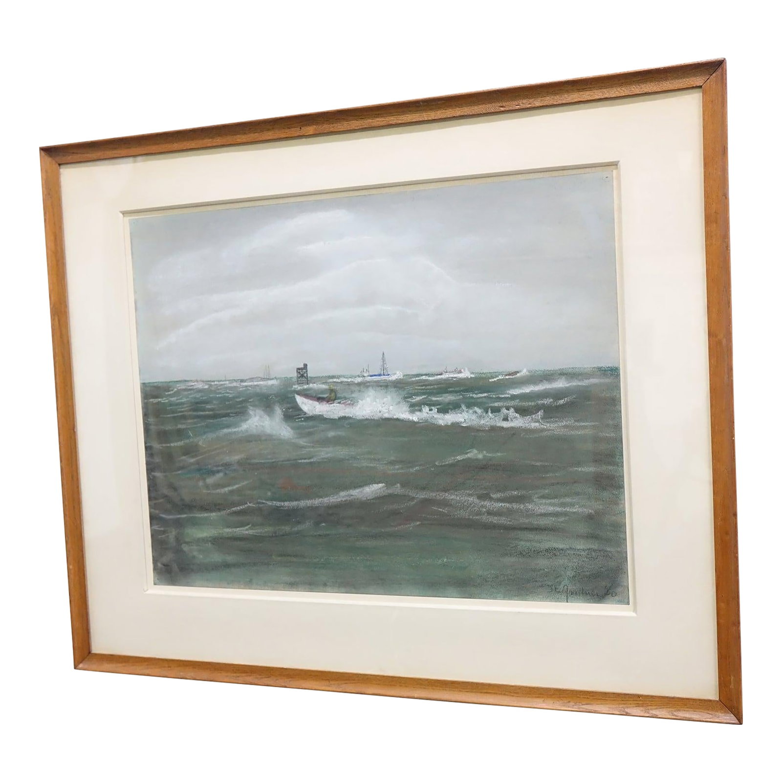 Racing the Storm - Watercolor Painting 1970 Signed on the Bottom, Framed: This expressive maritime watercolor captures the energy and rhythm of the sea on a stormy day. At the center, a small boat surges through rough waters, its wake forming dynamic white sprays against
